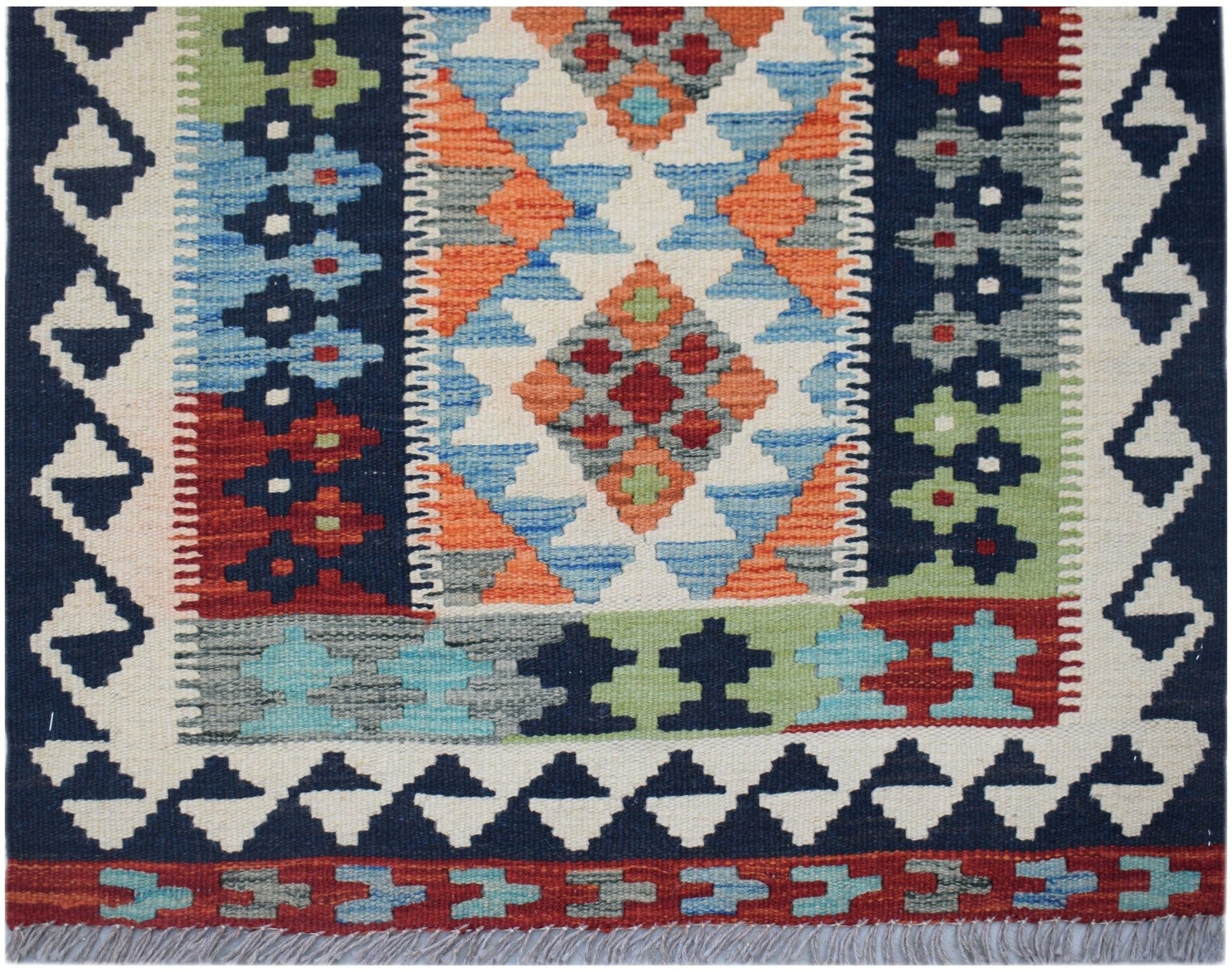 Handwoven Afghan Maimana wool kilim runner featuring a colorful geometric pattern.