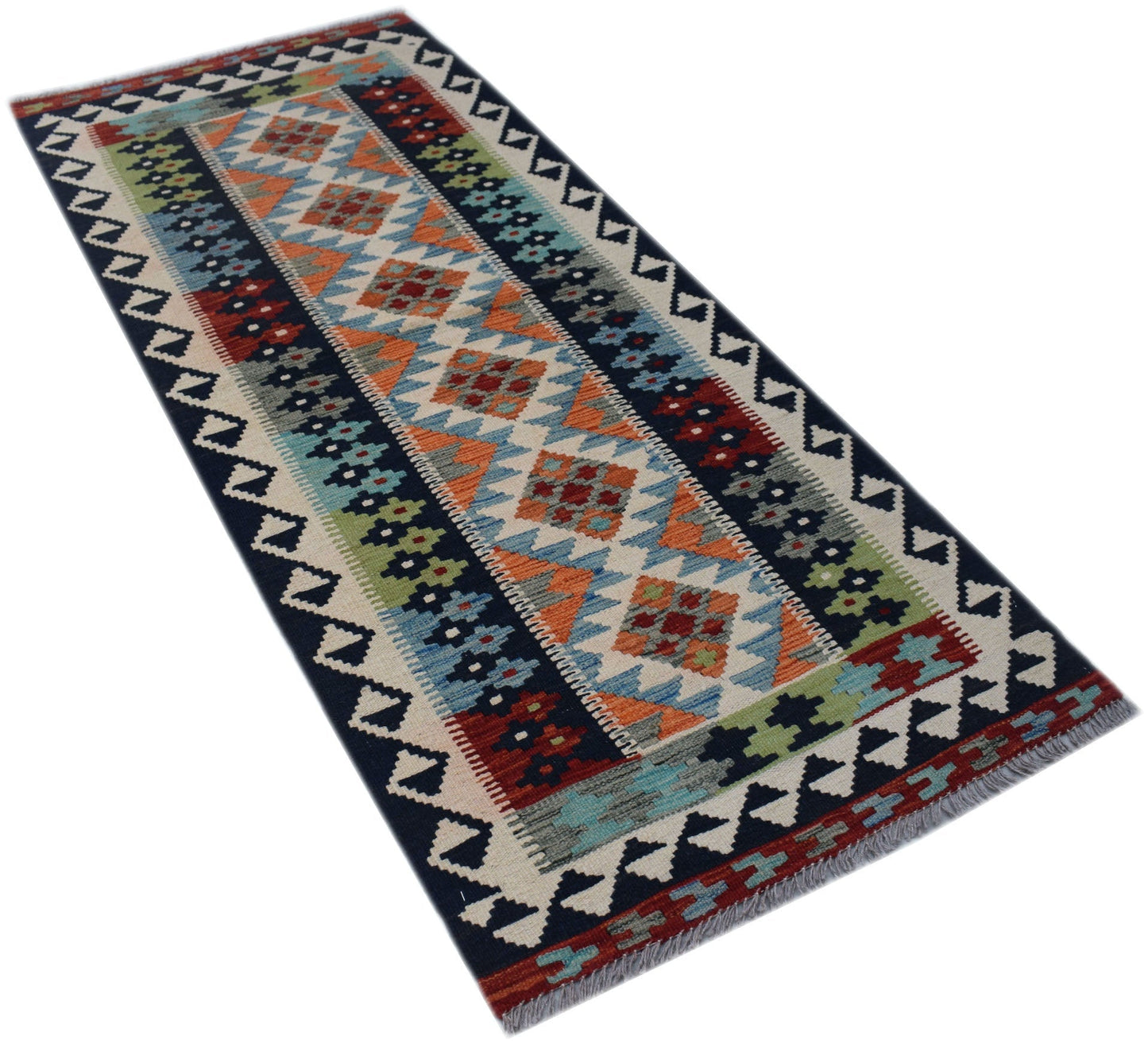 Handwoven Afghan Maimana wool runner rug featuring a colorful geometric diamond pattern.