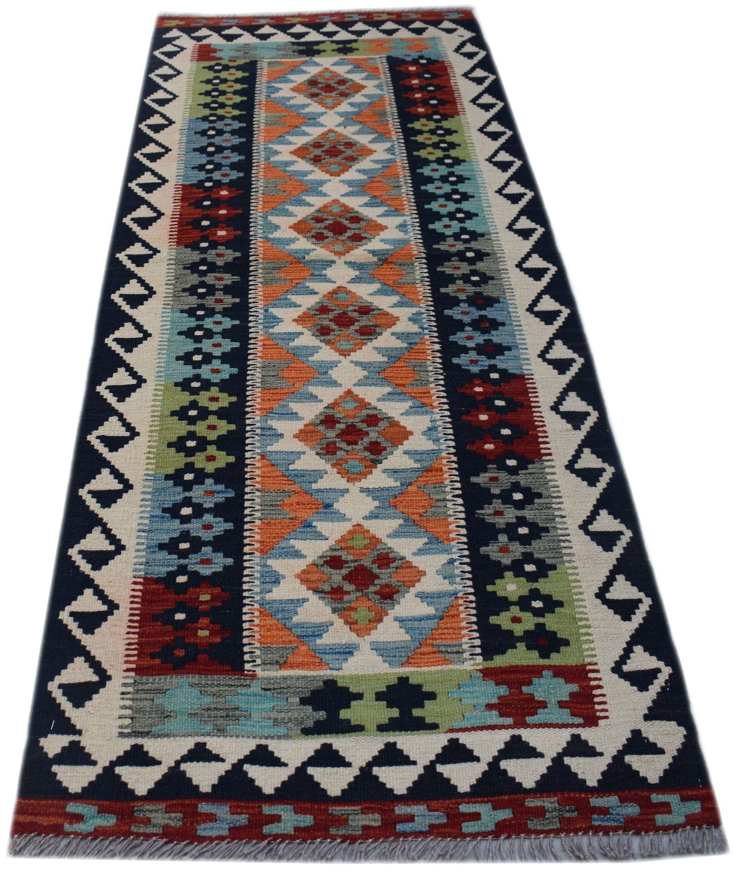 Handwoven Afghan Maimana wool runner rug featuring a colorful geometric diamond pattern.
