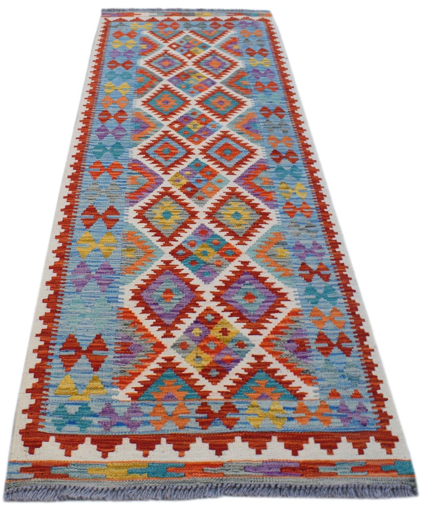 Handwoven Afghan Maimana wool runner rug featuring a colorful geometric diamond pattern.