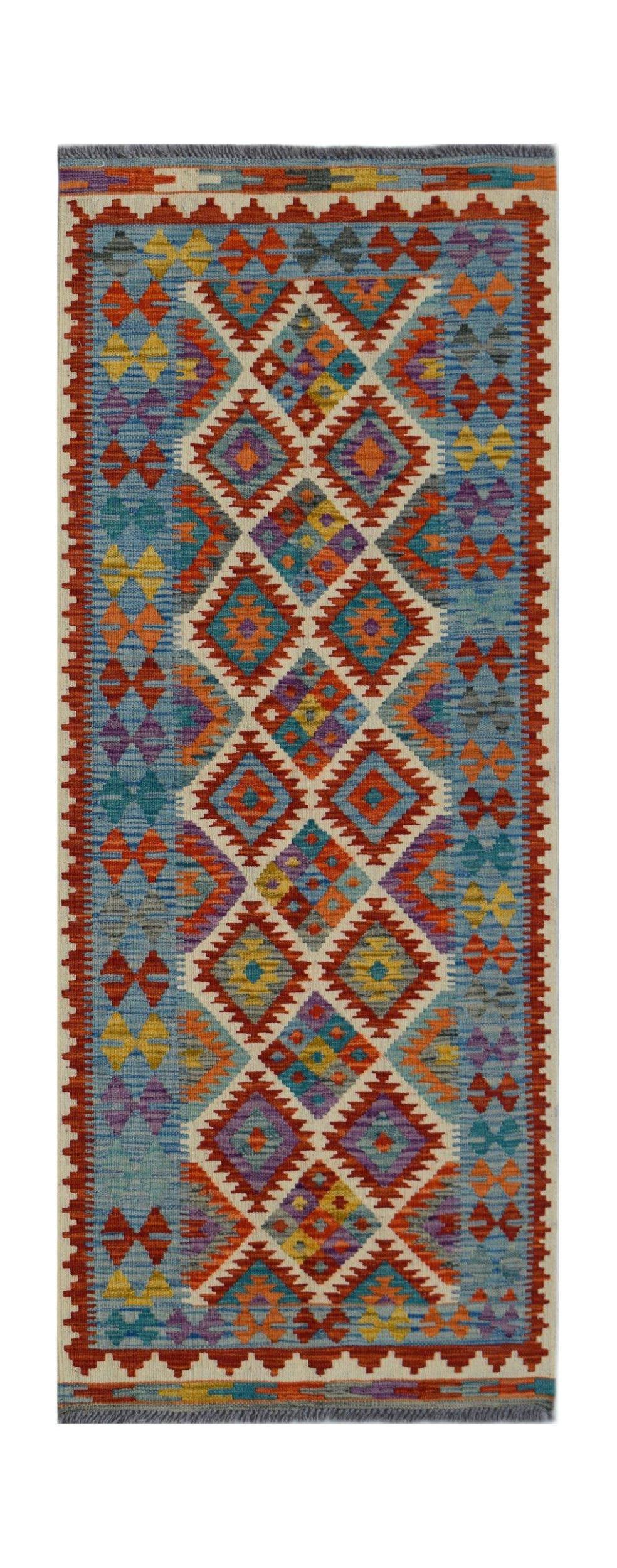 Handwoven Afghan Maimana wool runner featuring a vibrant geometric pattern in a diamond motif.