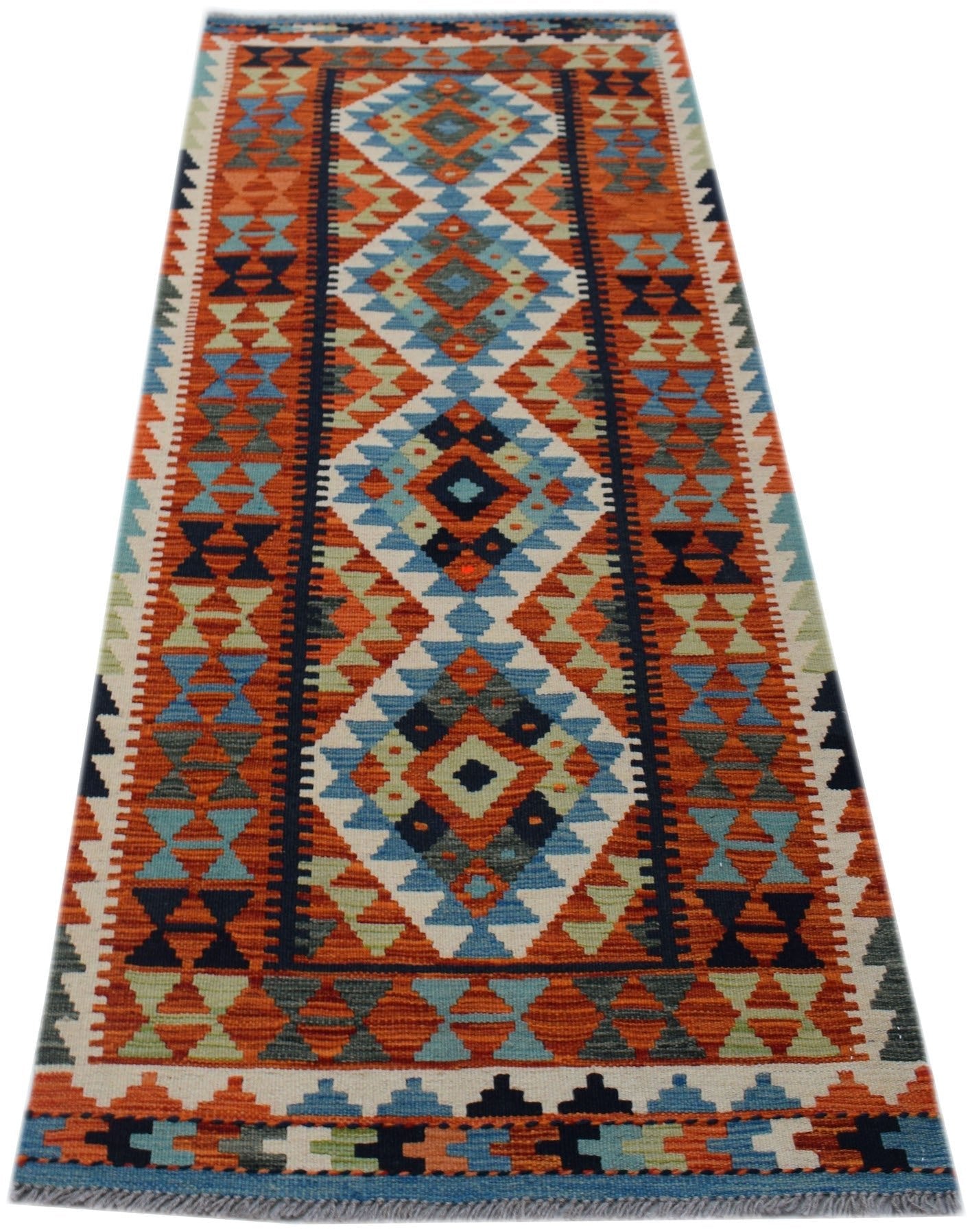Handwoven Afghan Maimana wool runner rug featuring a geometric pattern in orange and blue tones.
