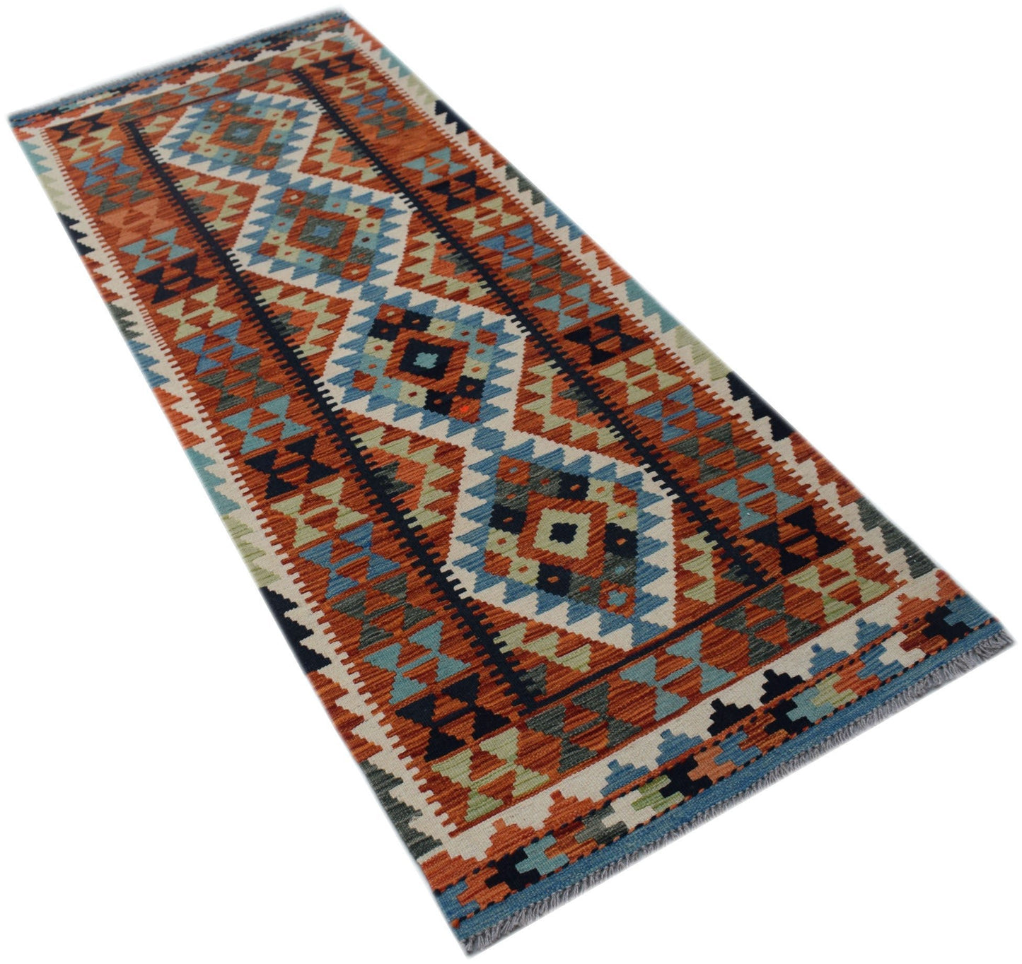 A handmade Afghan Maimana wool runner rug featuring a geometric diamond pattern in earthy tones.