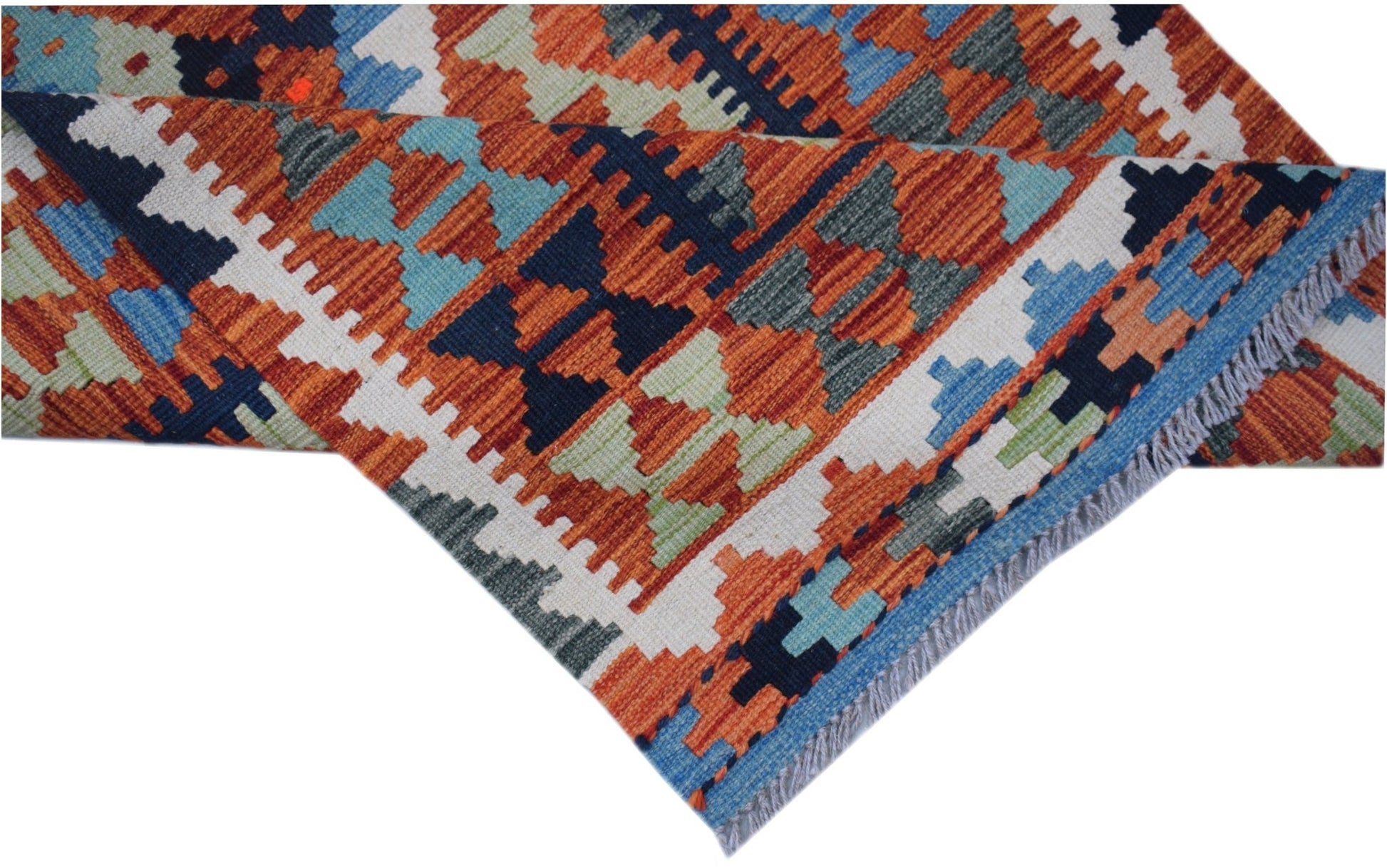 Handwoven Afghan Maimana wool kilim runner featuring a geometric pattern in orange and blue.