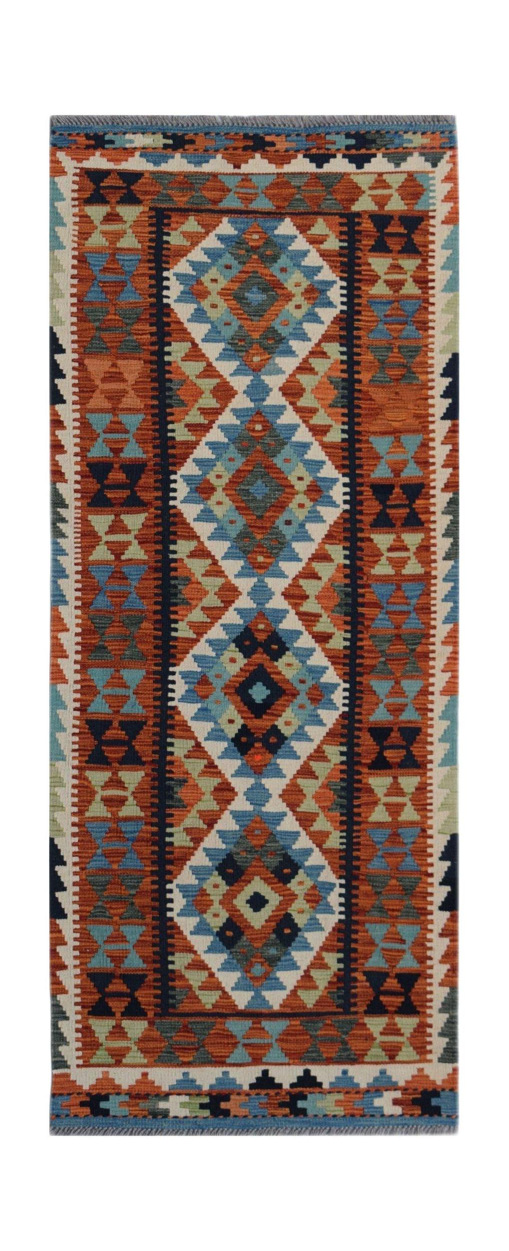 Handwoven Afghan Maimana wool runner featuring a geometric diamond pattern in earthy tones.