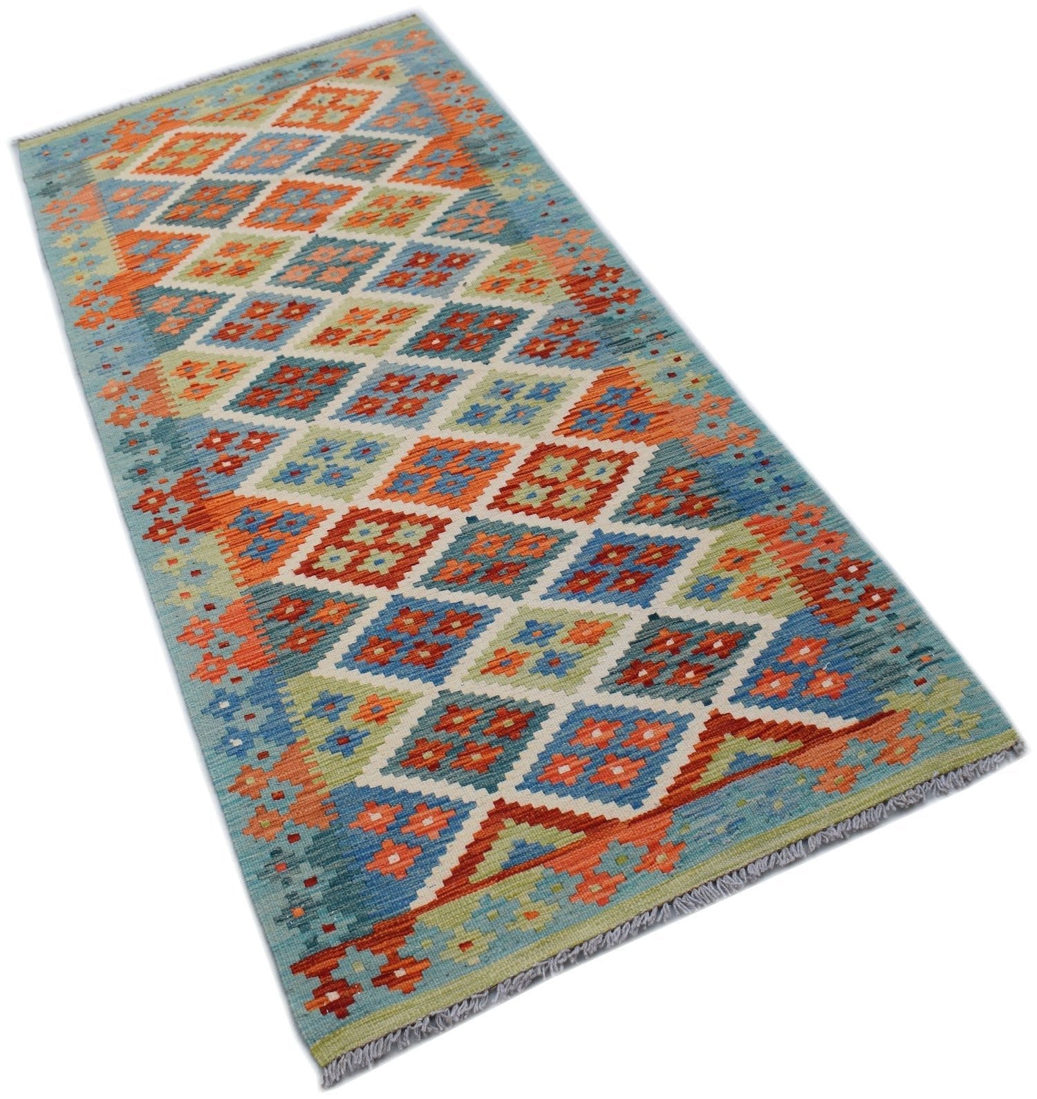 Handwoven Afghan Maimana wool runner rug featuring a colorful geometric diamond pattern.