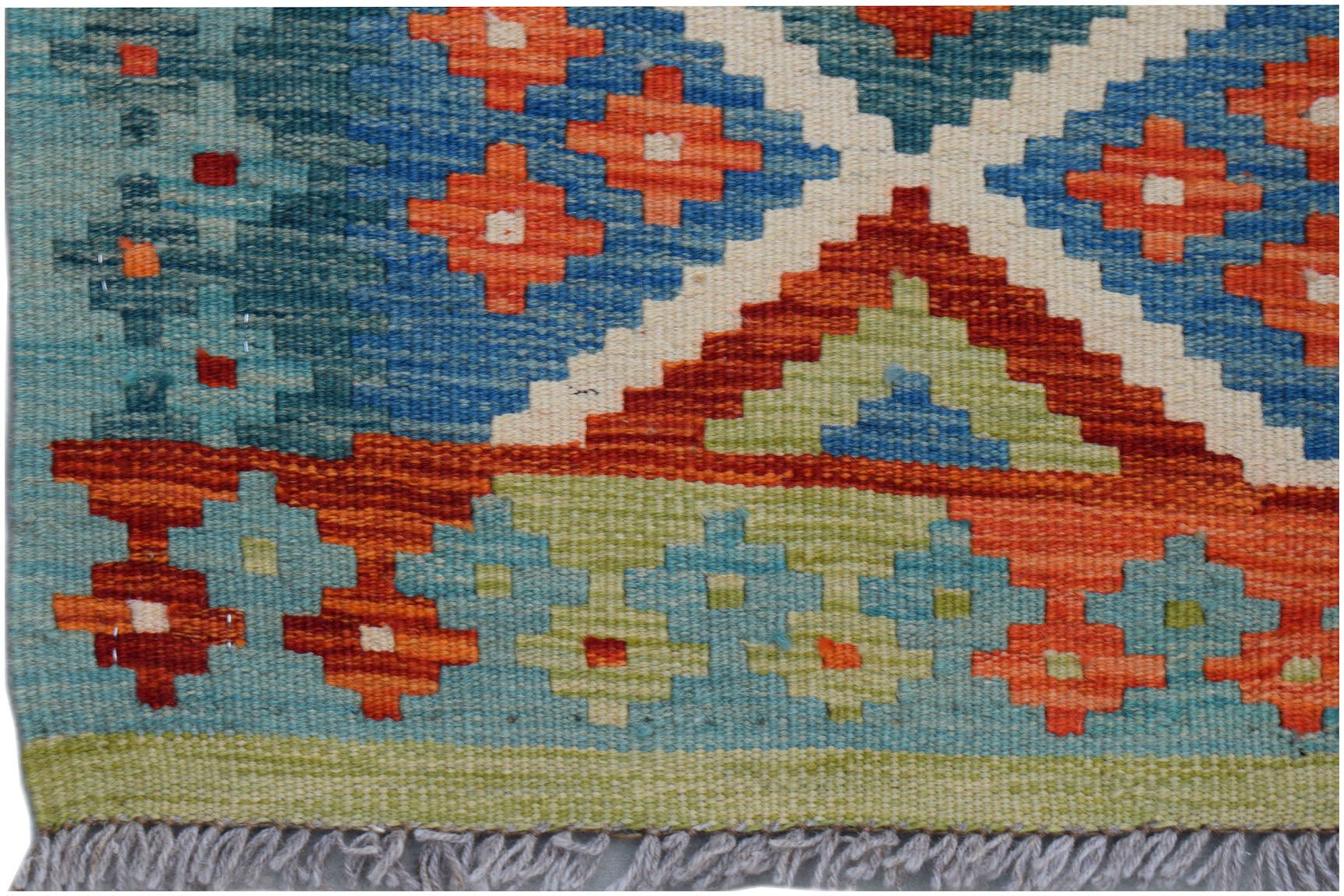 Handwoven Afghan Maimana wool kilim runner featuring a geometric pattern in blue, orange, and green.