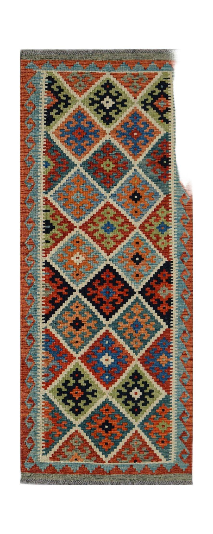Handwoven Afghan Maimana wool runner featuring a colorful geometric diamond pattern.