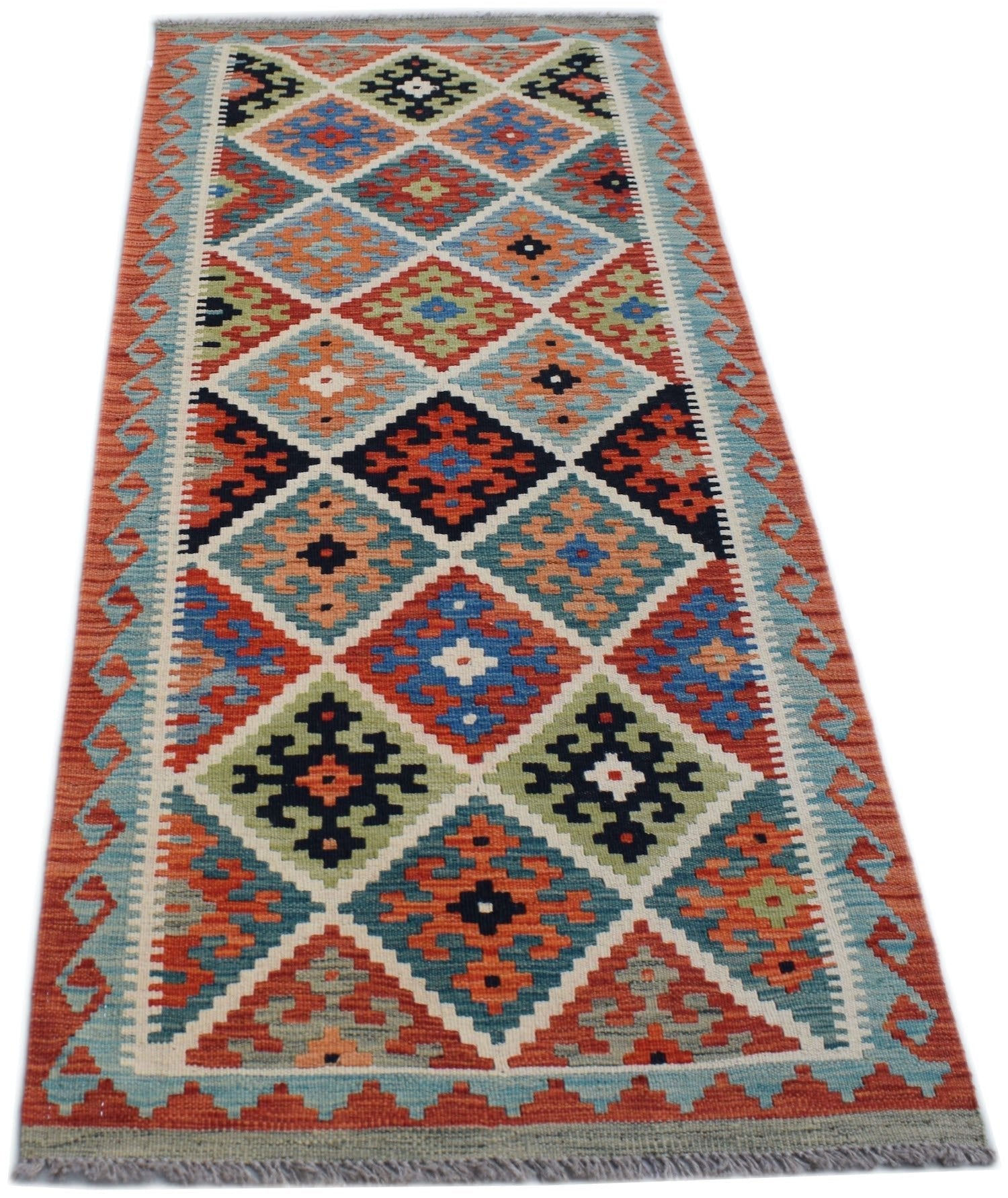 Handwoven Afghan Maimana wool runner rug featuring a colorful geometric diamond pattern.