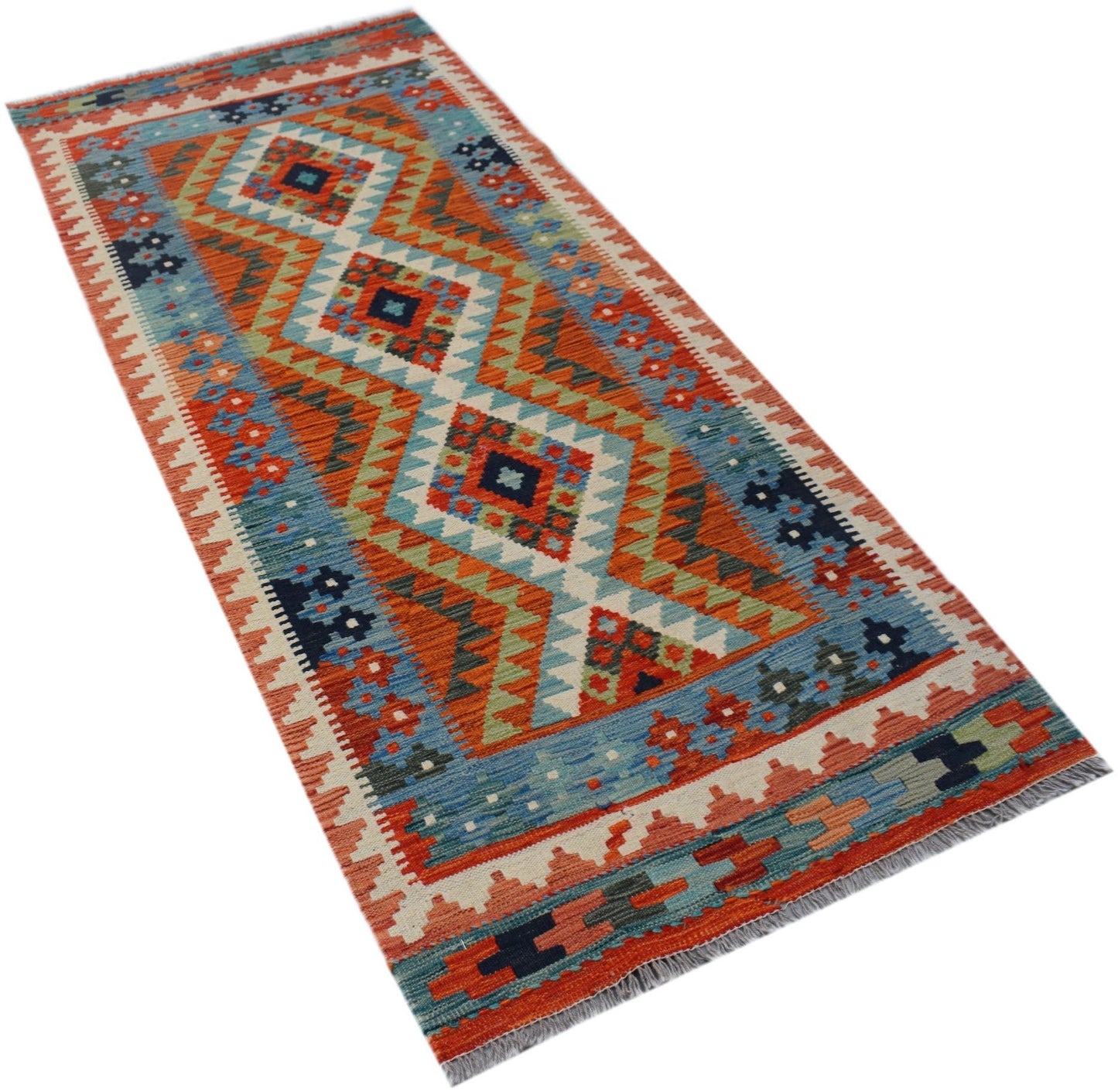 Handwoven Afghan Maimana wool runner rug featuring a colorful geometric diamond pattern.
