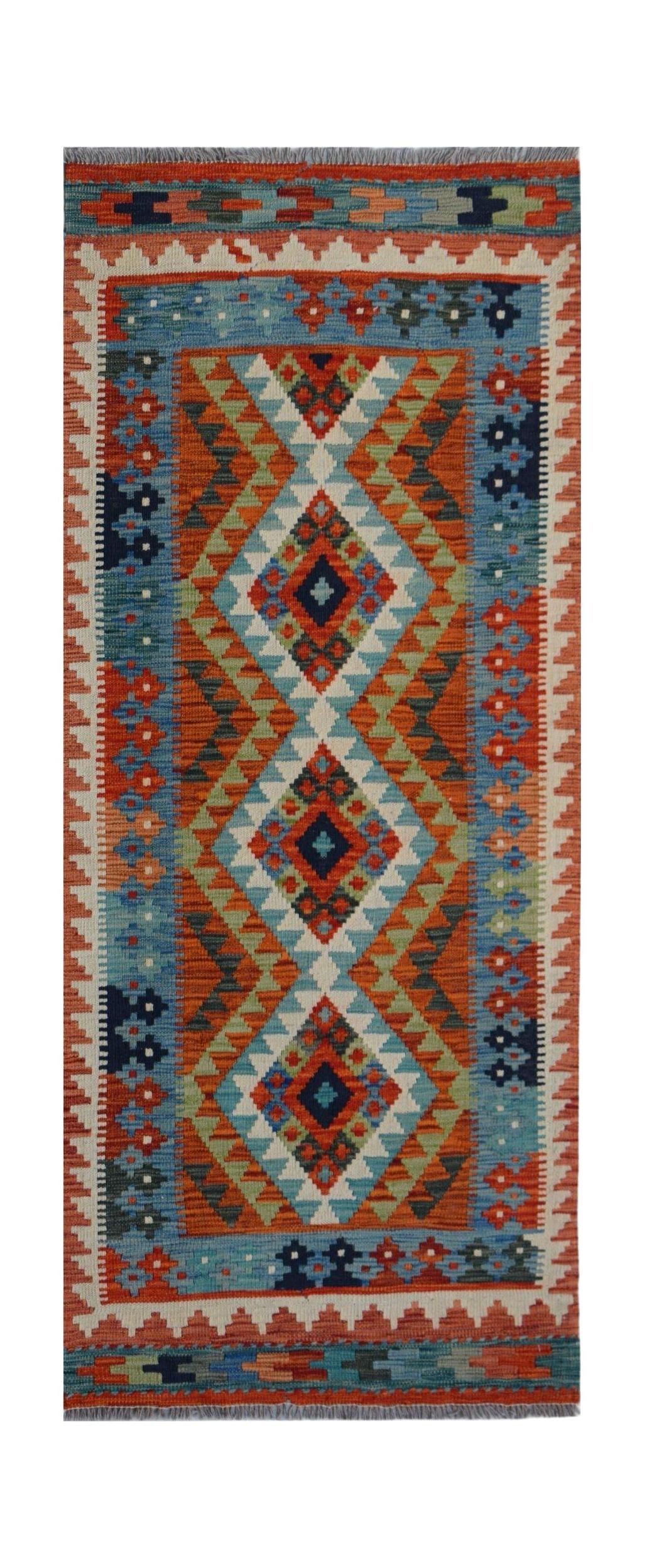 Handwoven Afghan Maimana wool runner rug featuring a vibrant geometric diamond pattern.