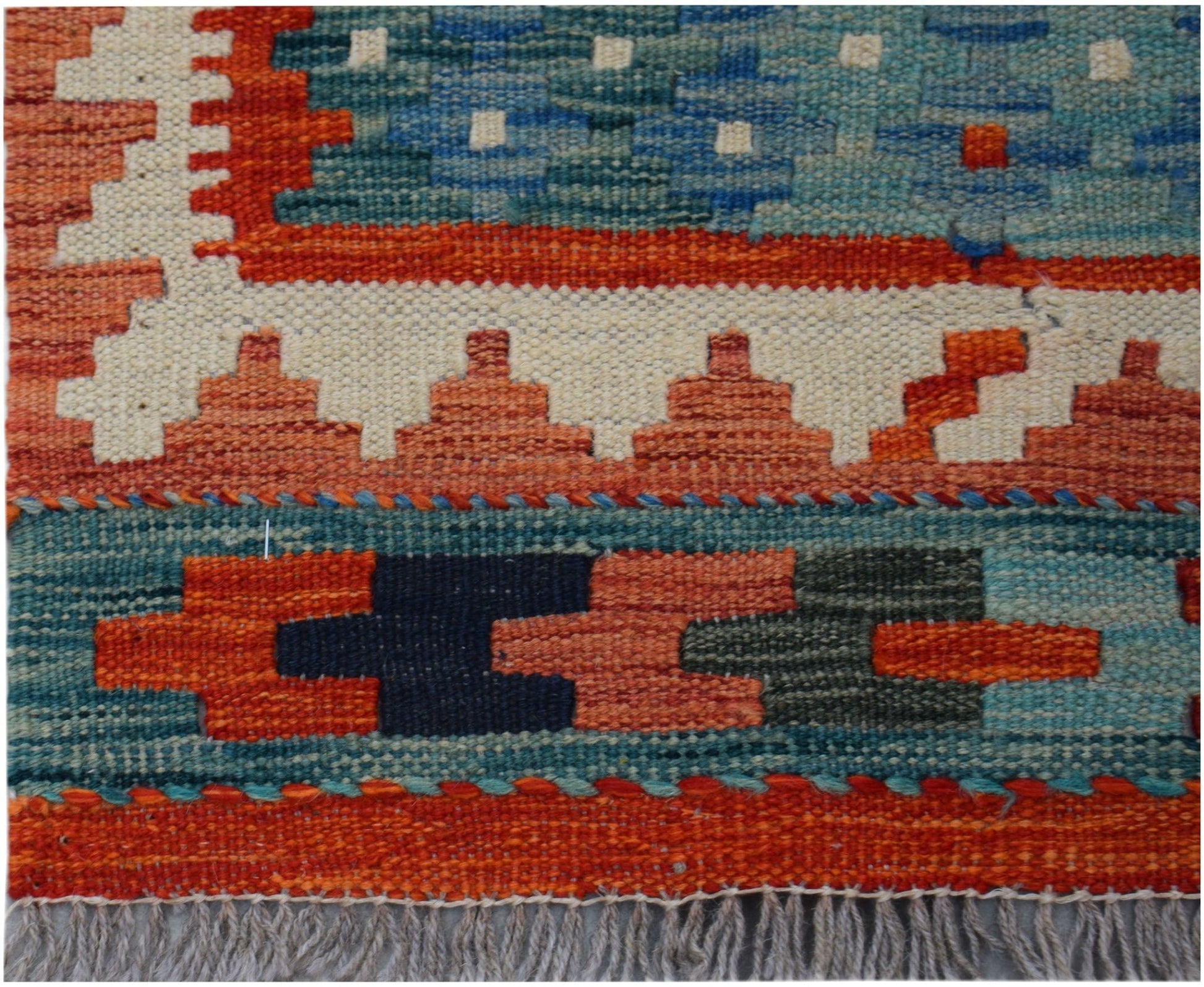 Handwoven Afghan Maimana wool kilim runner featuring geometric patterns in blue and orange tones.
