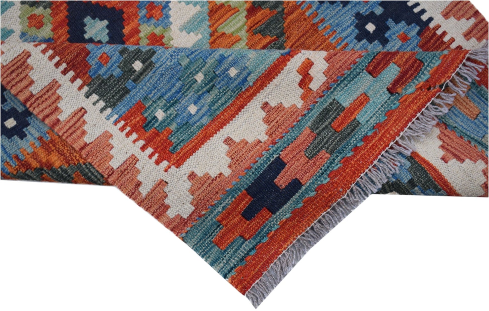 A handmade Afghan Maimana kilim runner featuring a geometric pattern in vibrant wool colors.