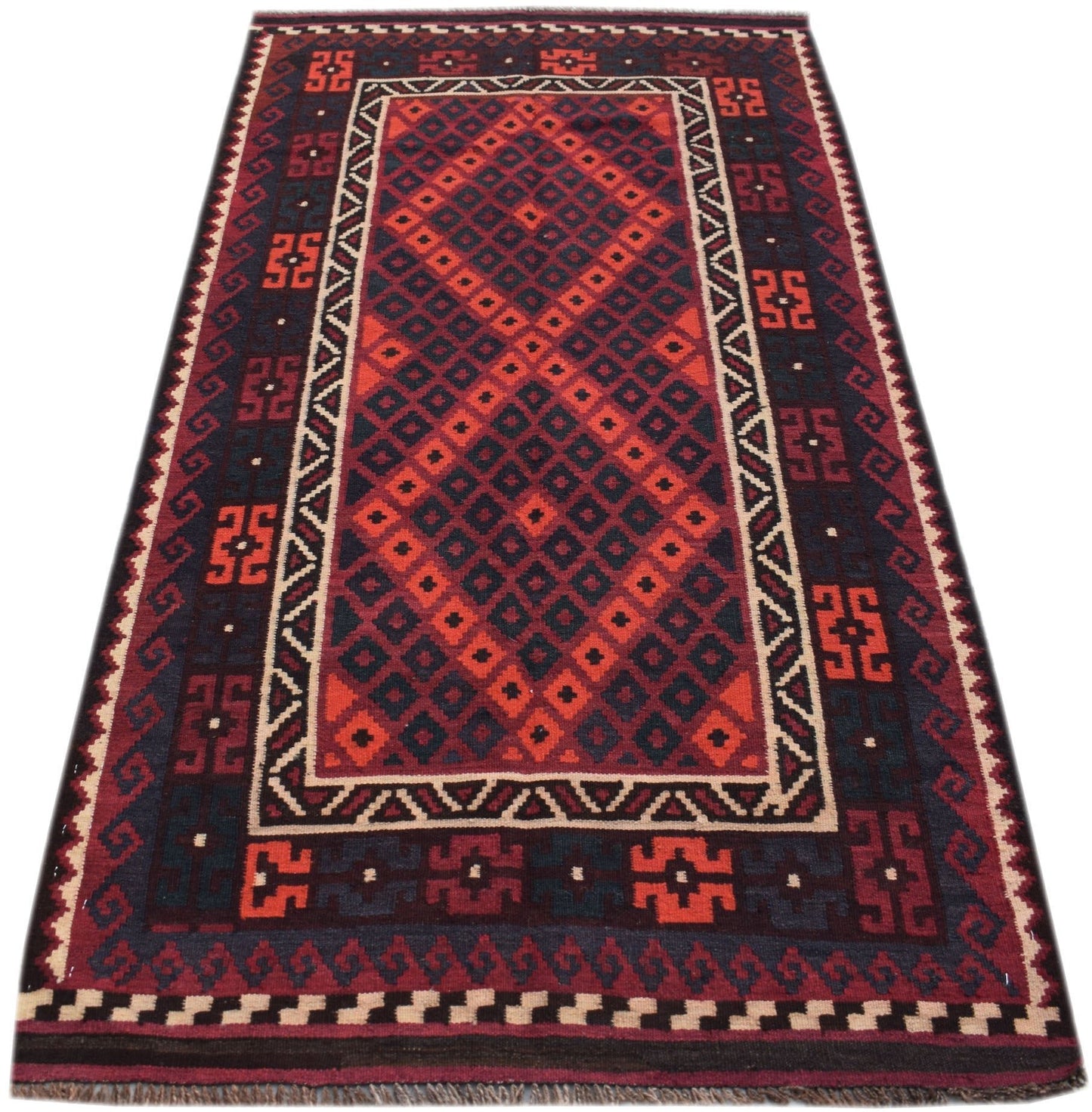 Handwoven Afghan Maimana kilim runner featuring a geometric diamond pattern in red and dark blue.