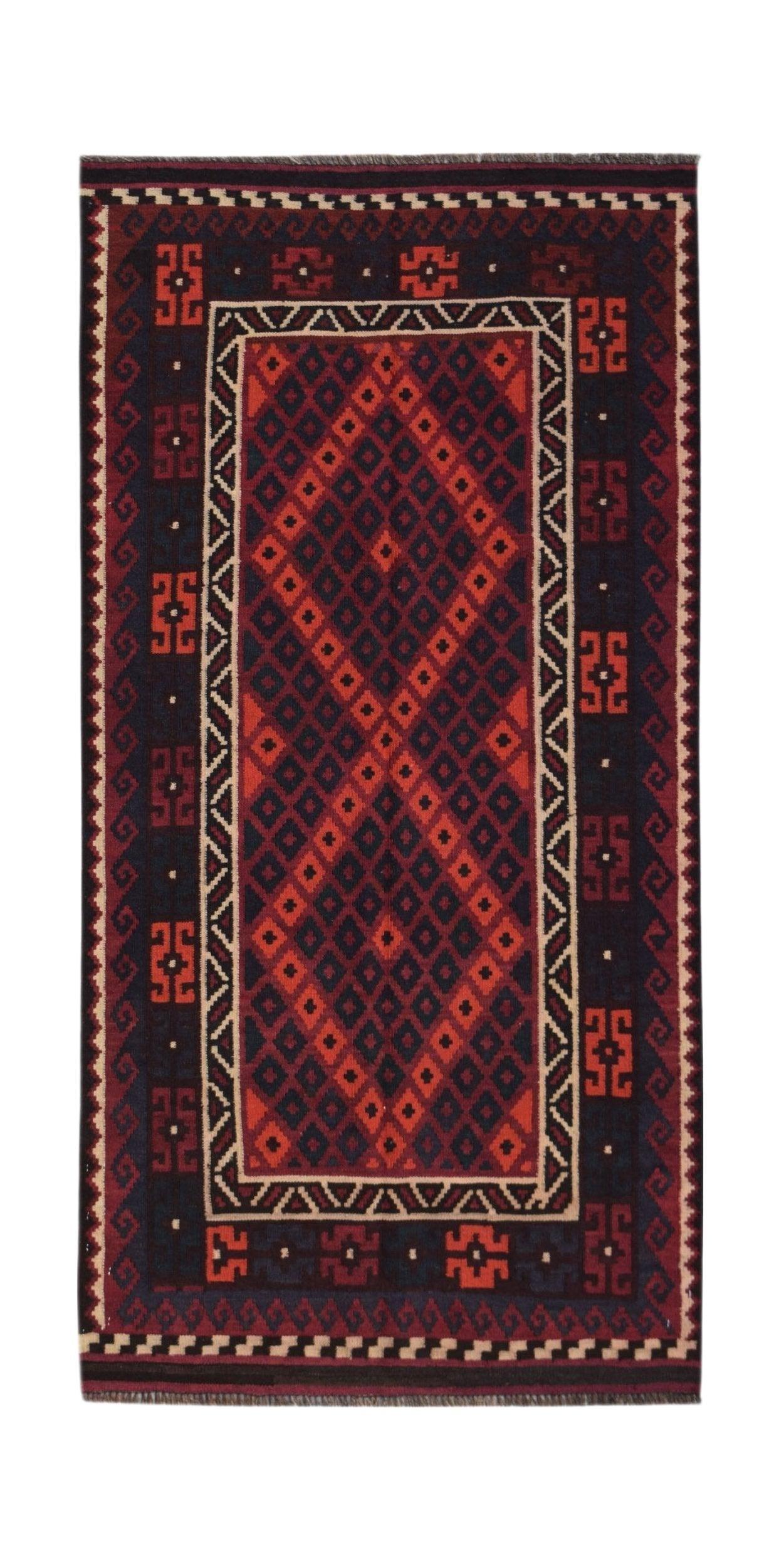 Handwoven Afghan Maimana wool runner featuring a geometric diamond pattern in red and dark blue.