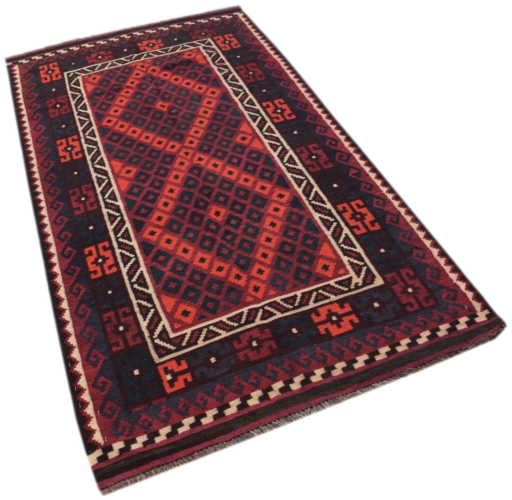 Handwoven Afghan Maimana kilim runner featuring a geometric diamond pattern in red and dark blue.