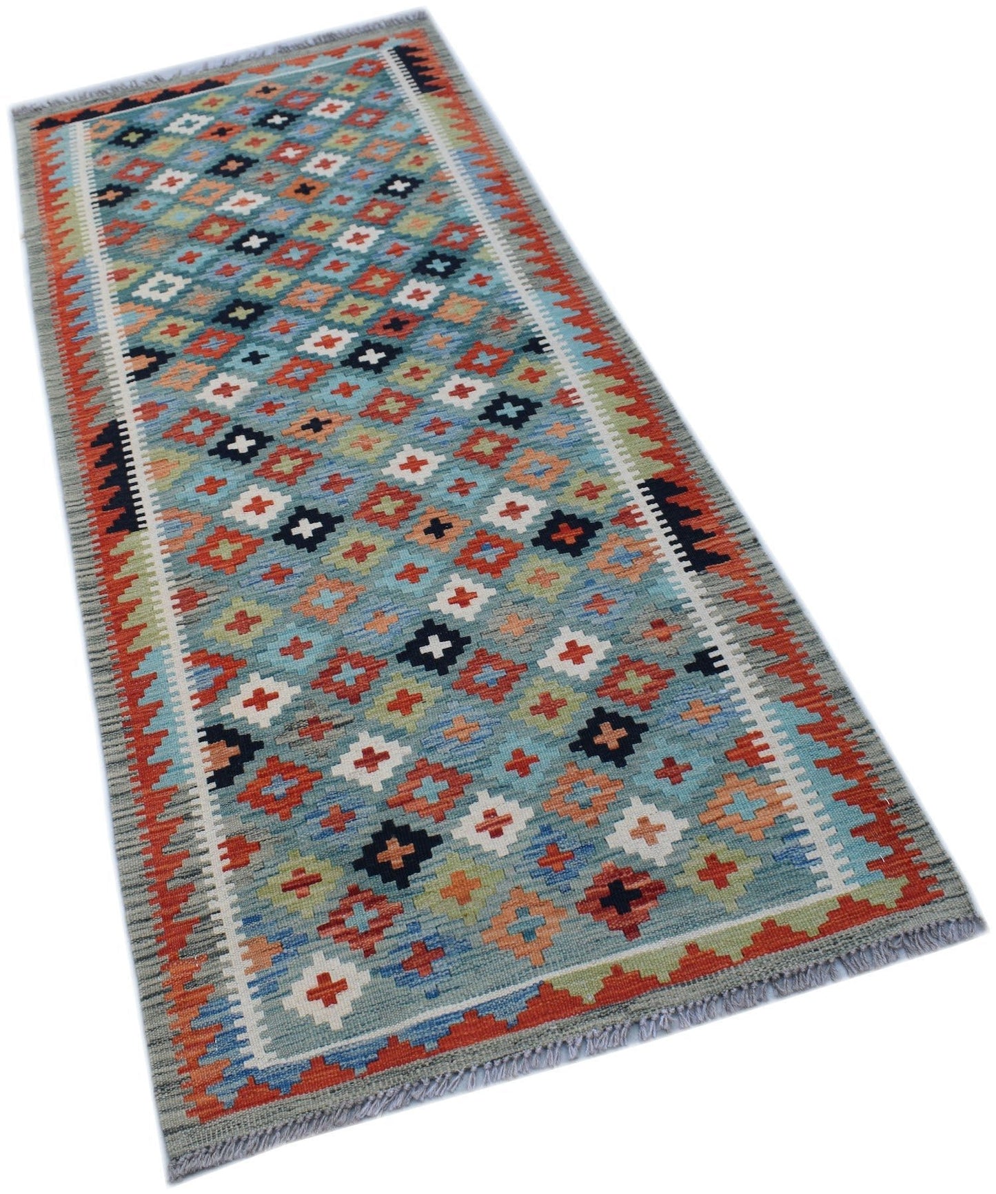Handwoven Afghan Maimana wool runner rug featuring a colorful geometric pattern on a blue field.