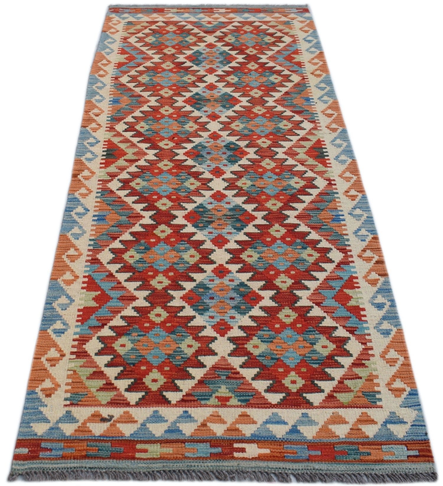 Handwoven Afghan Maimana wool runner featuring a colorful geometric diamond pattern.