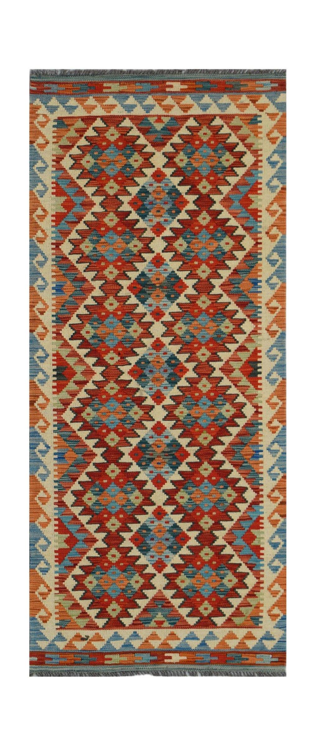 Handwoven Afghan Maimana wool runner featuring a geometric diamond pattern in red and blue tones.