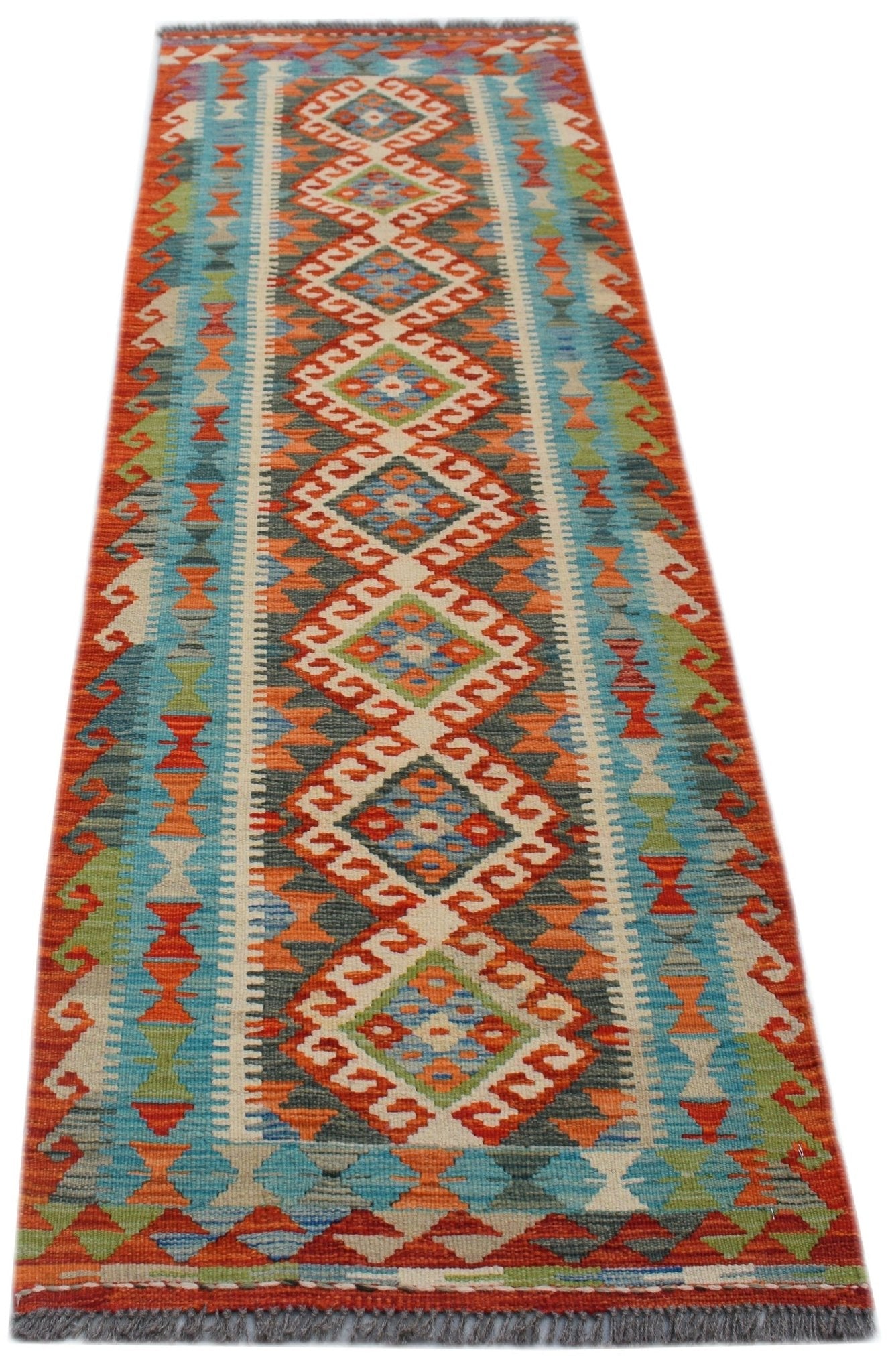 A handmade Afghan Maimana Kilim runner featuring a vibrant geometric diamond pattern in wool.