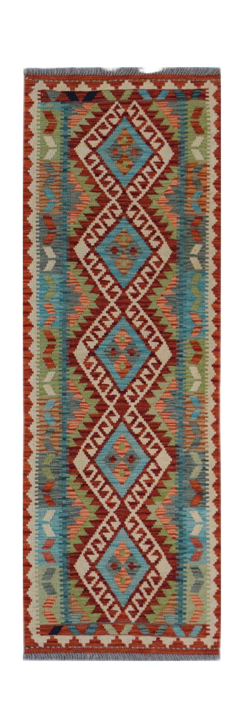 Handwoven Afghan Maimana wool runner featuring a geometric diamond pattern in vibrant colors.