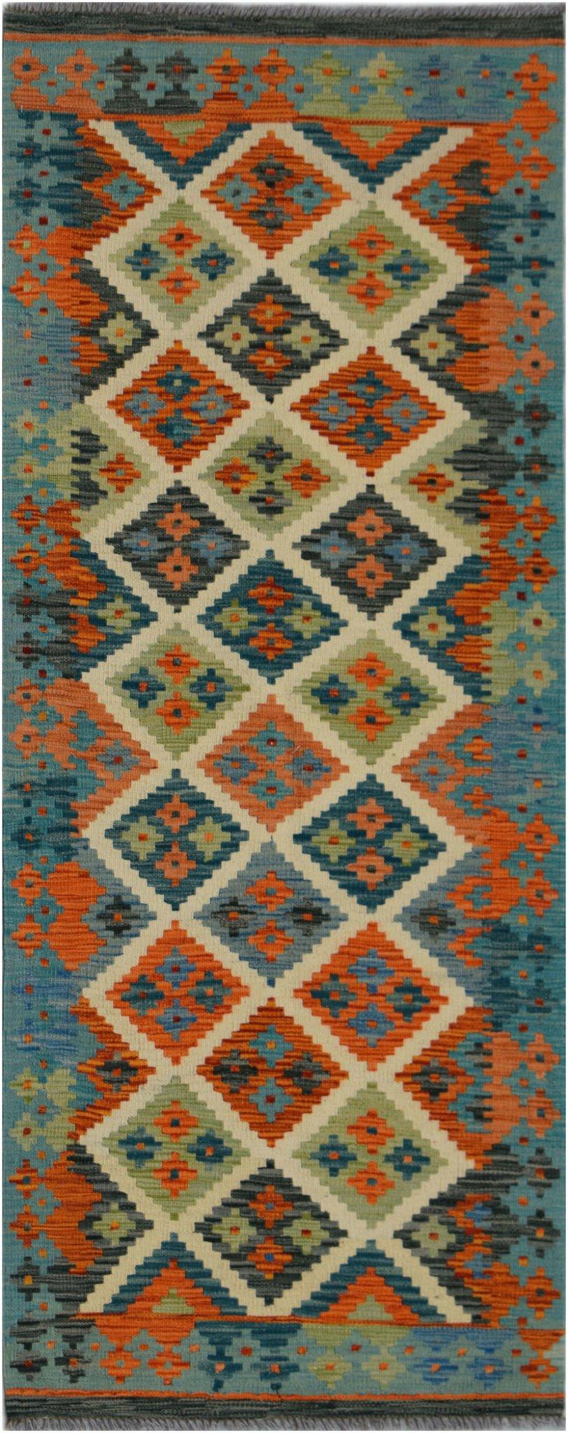 Handwoven Afghan Maimana wool runner featuring a geometric diamond pattern in orange and blue.