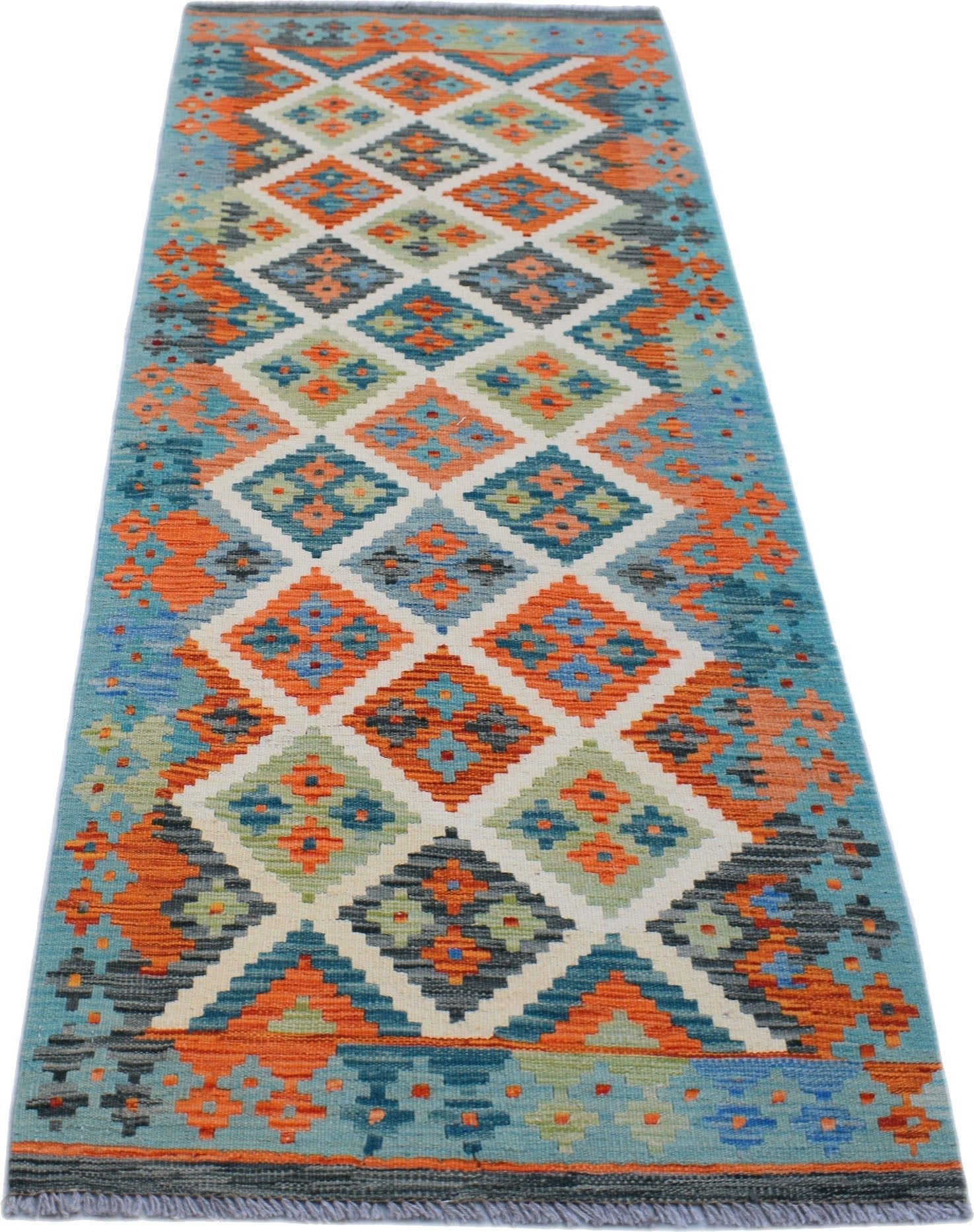Handwoven Afghan Maimana wool runner featuring a colorful geometric diamond pattern.