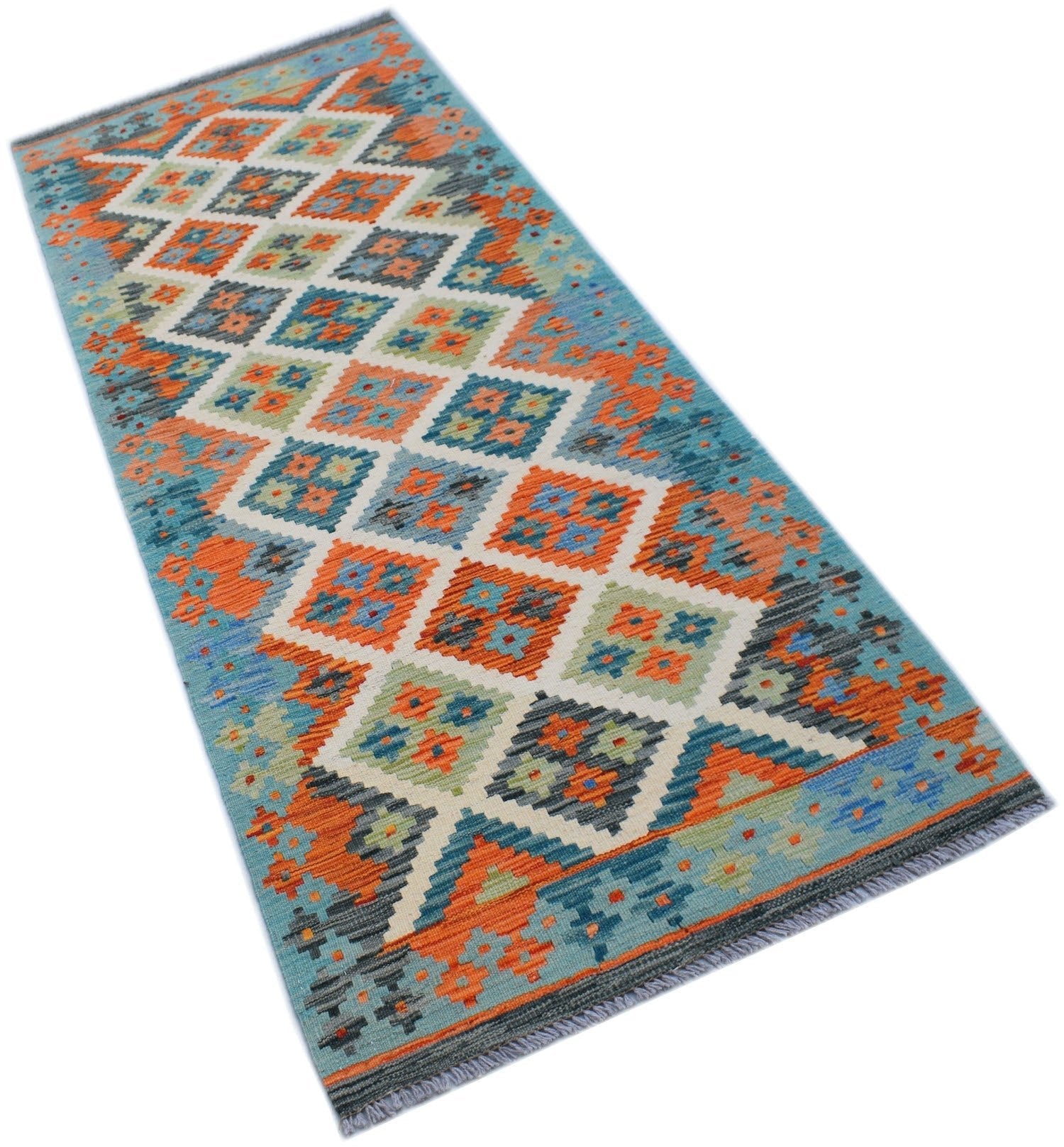 Handwoven Afghan Maimana wool runner rug featuring a colorful geometric diamond pattern.