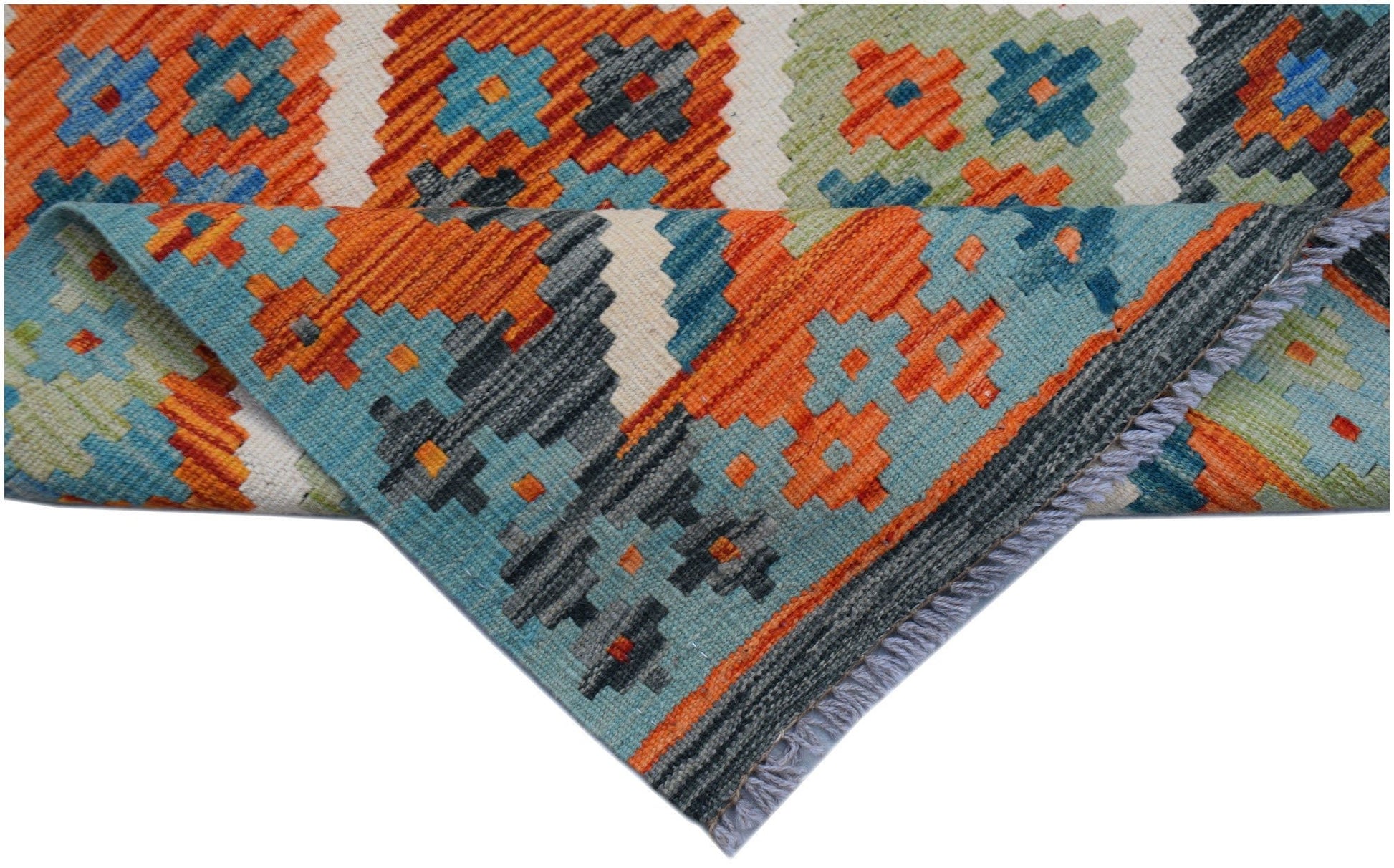 Handwoven Afghan Maimana wool runner featuring a geometric pattern in orange, blue, and green.
