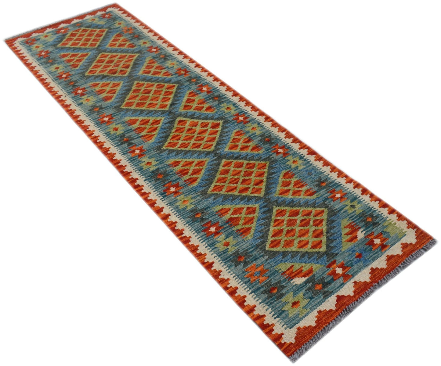 Handwoven Afghan Maimana wool runner rug featuring a geometric diamond pattern in blue and orange.