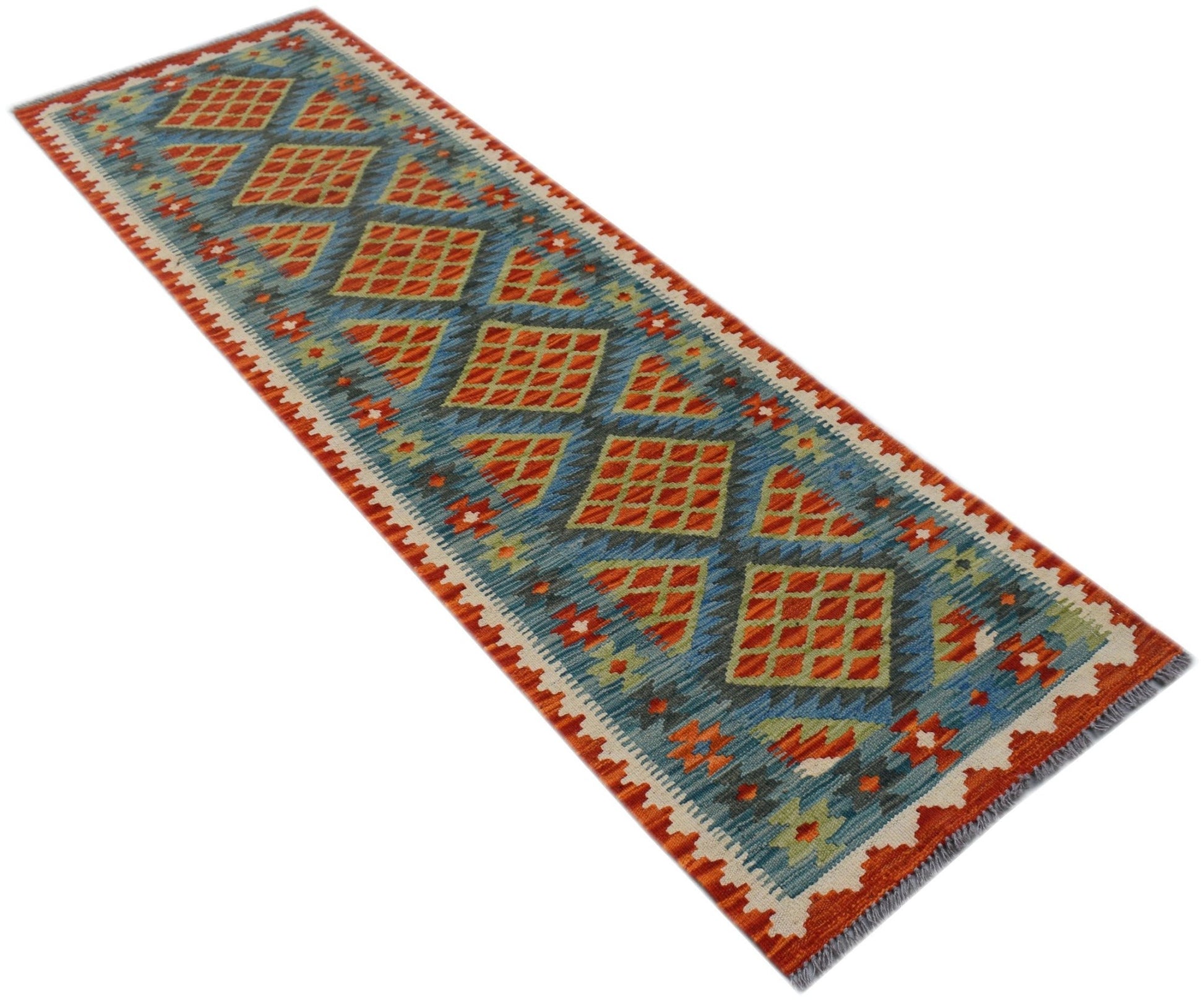 Handwoven Afghan Maimana wool runner rug featuring a geometric diamond pattern in blue and orange.