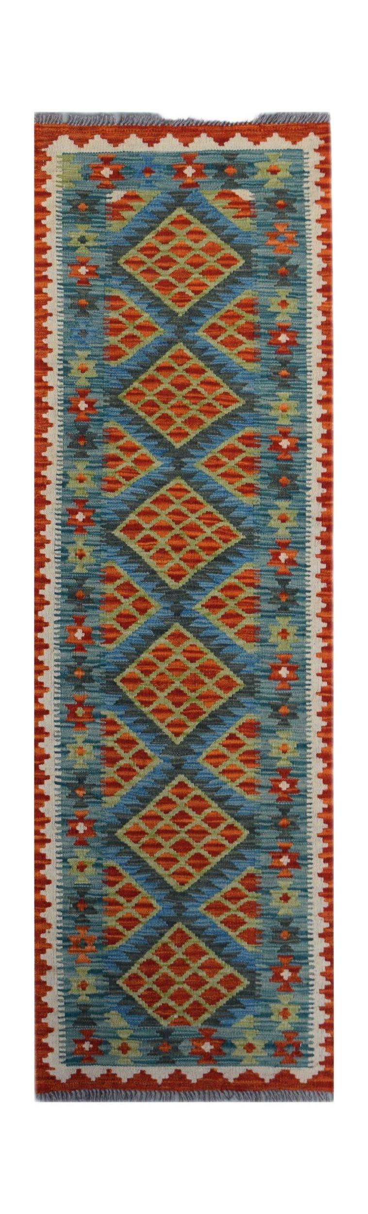 Handwoven Afghan Maimana wool runner featuring a blue background with geometric diamond patterns.