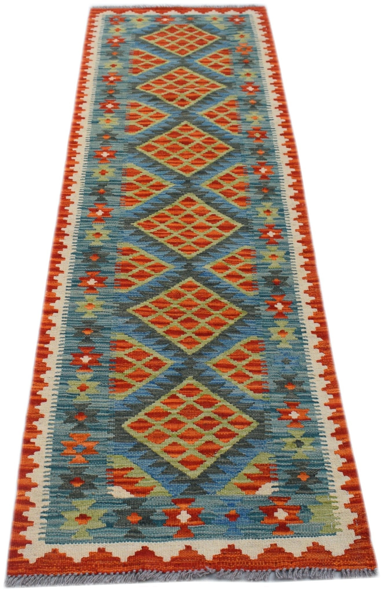 Handwoven Afghan Maimana wool runner featuring a geometric diamond pattern in blue and orange.