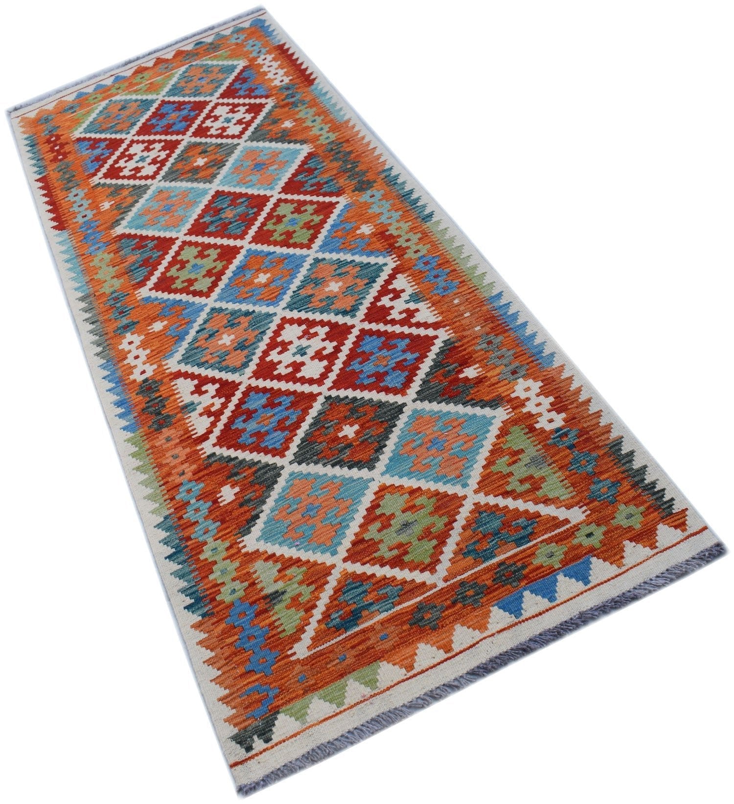 Handwoven Afghan Maimana wool runner rug featuring a colorful geometric diamond pattern.