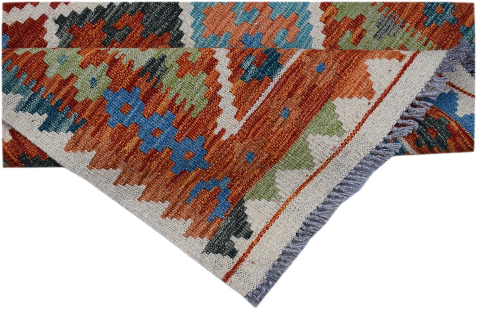 Handwoven Afghan Maimana kilim runner featuring a geometric pattern in orange, blue, and green.