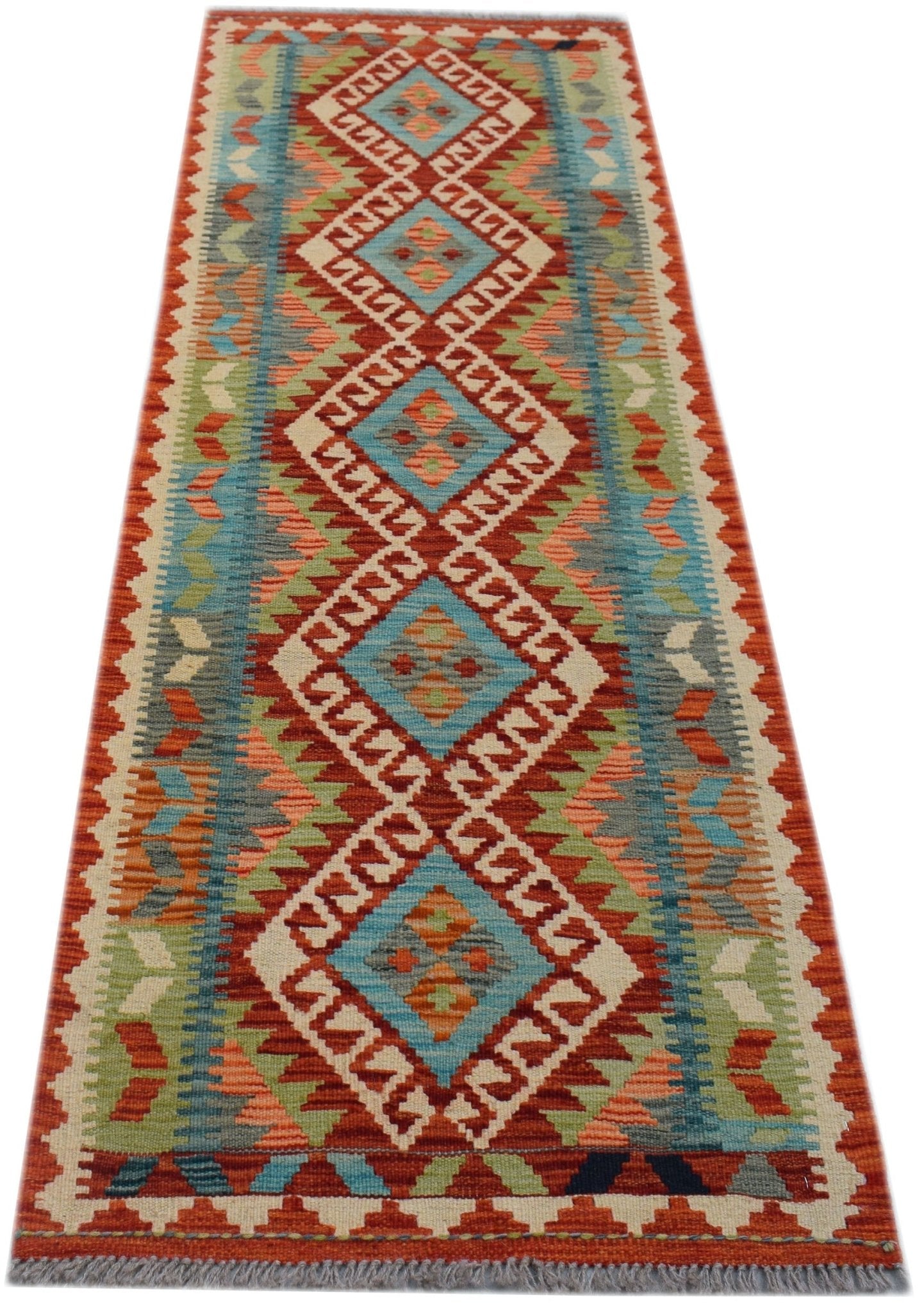 Handwoven Afghan Maimana wool runner featuring a geometric diamond pattern in vibrant colors.