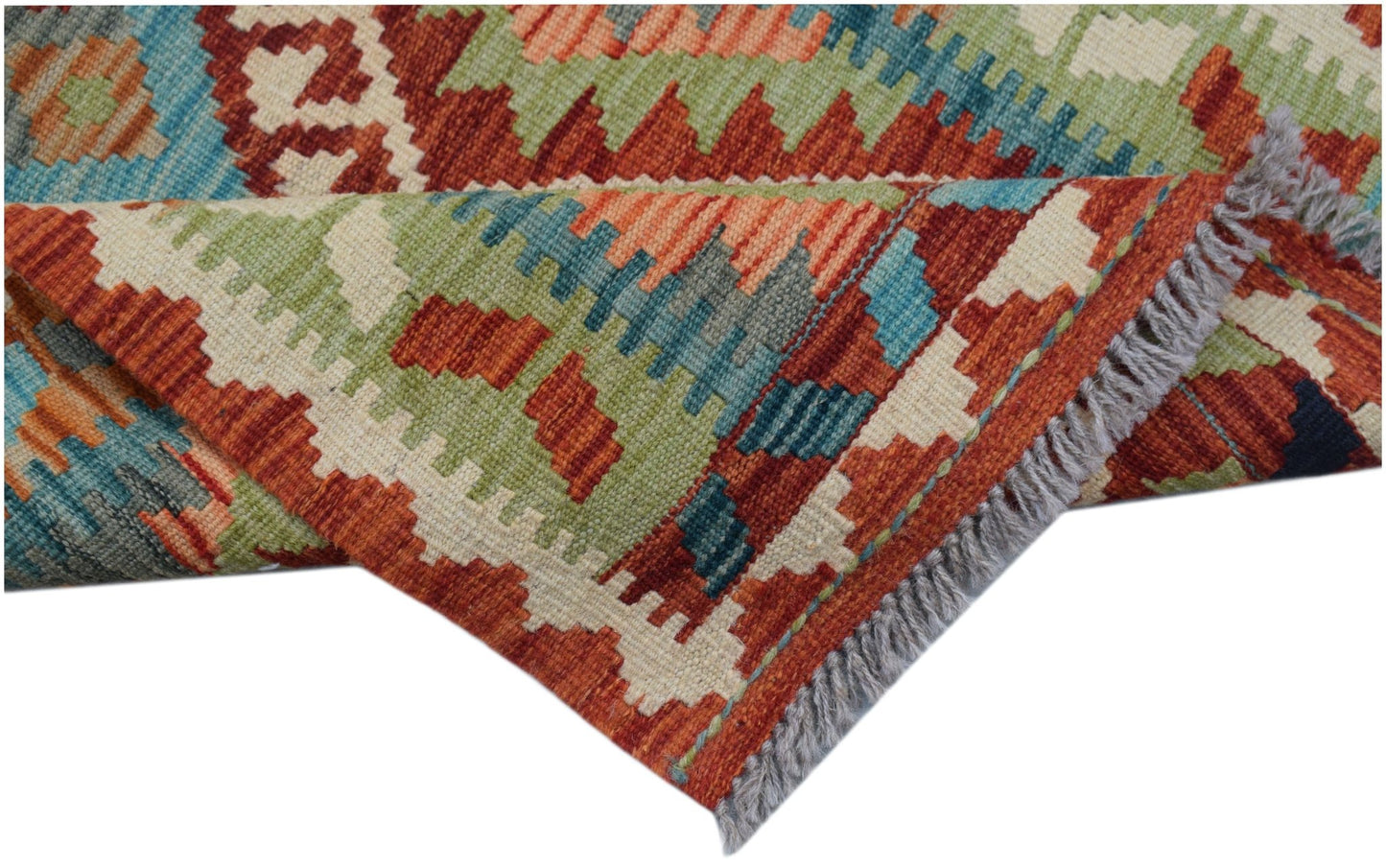 Handwoven Afghan Maimana wool kilim runner featuring a colorful geometric pattern and fringe edges.