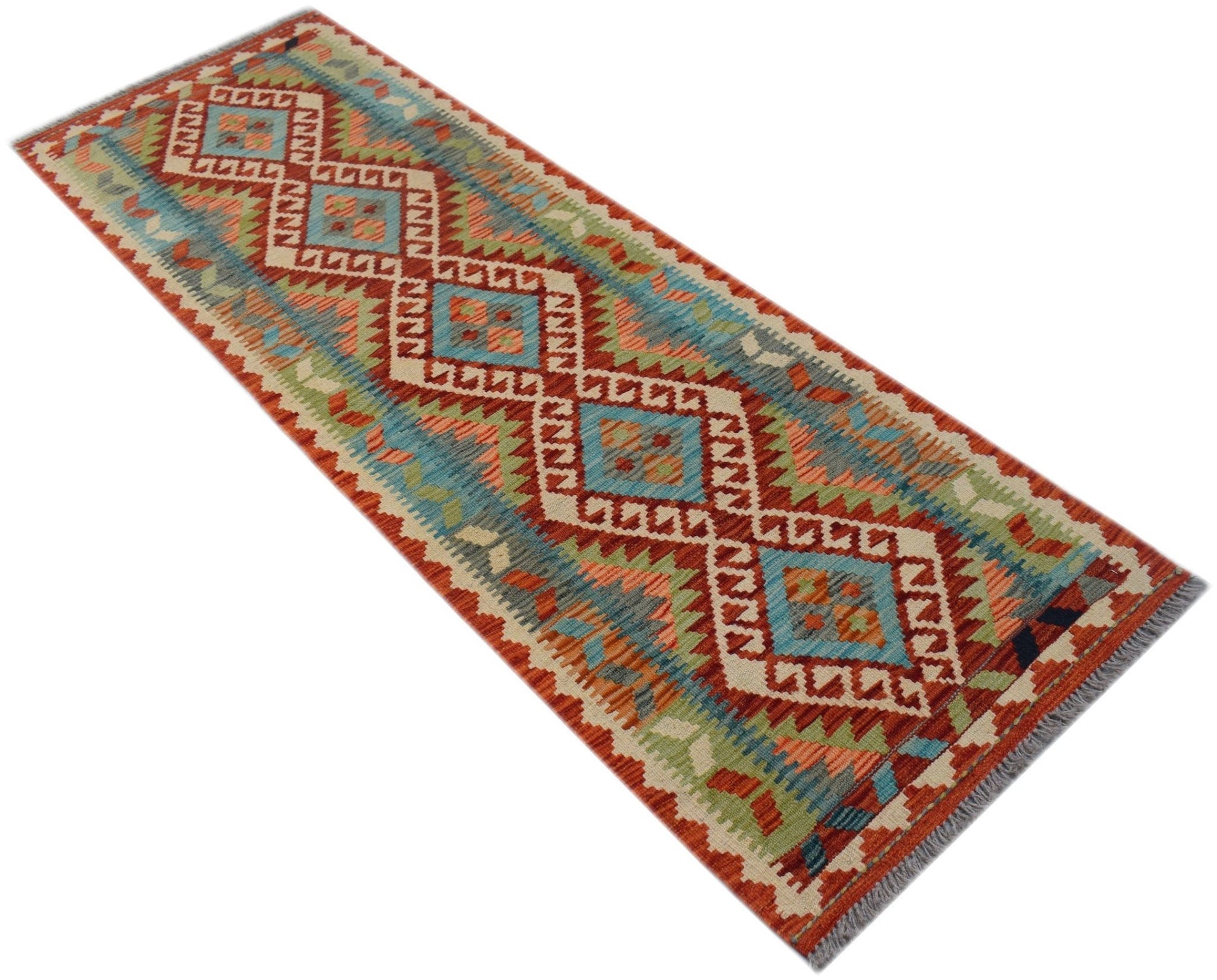 A handmade Afghan Maimana wool runner rug featuring a geometric diamond pattern in vibrant colors.