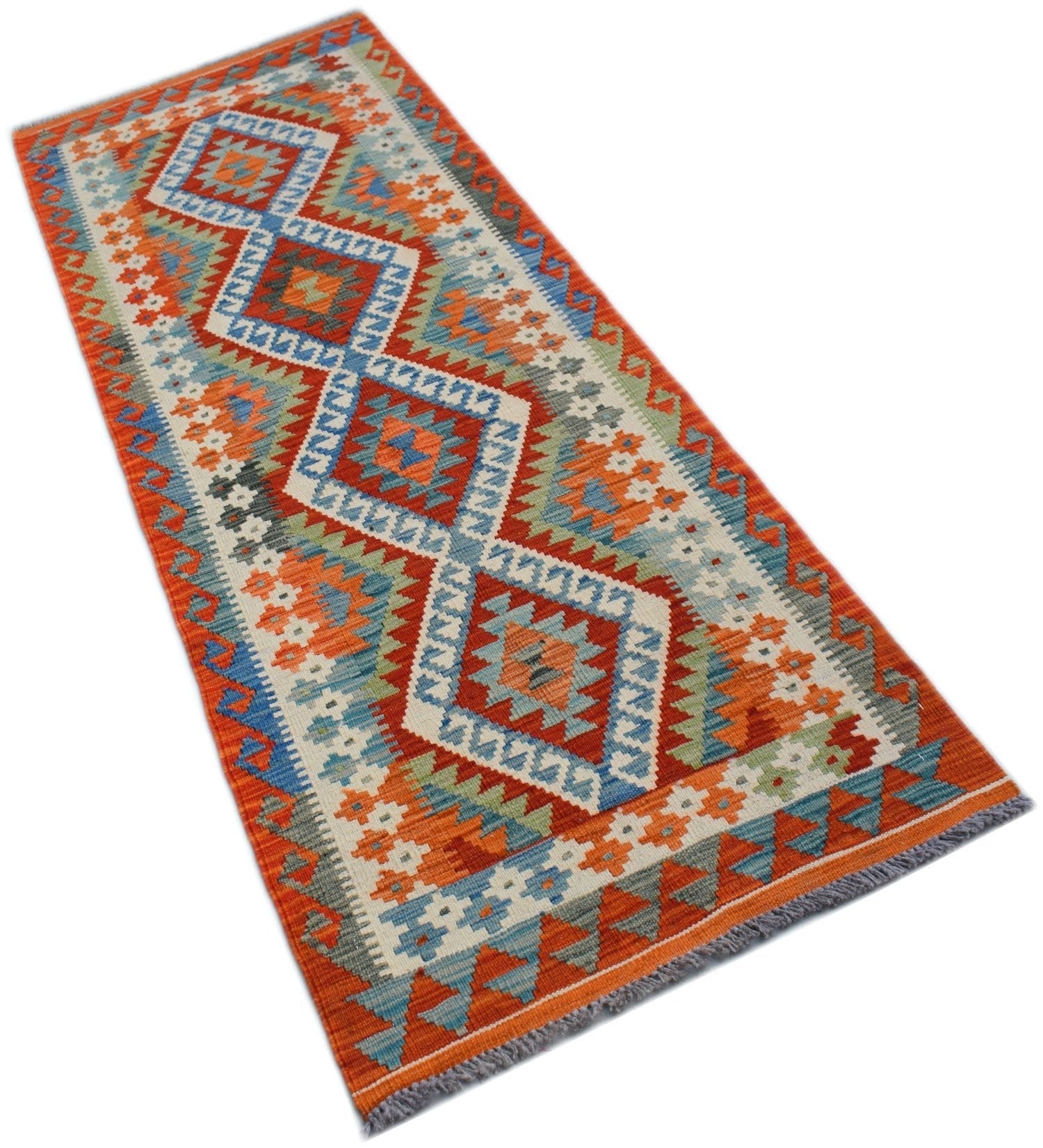 Handwoven Afghan Maimana wool runner rug featuring a geometric diamond pattern in vibrant colors.