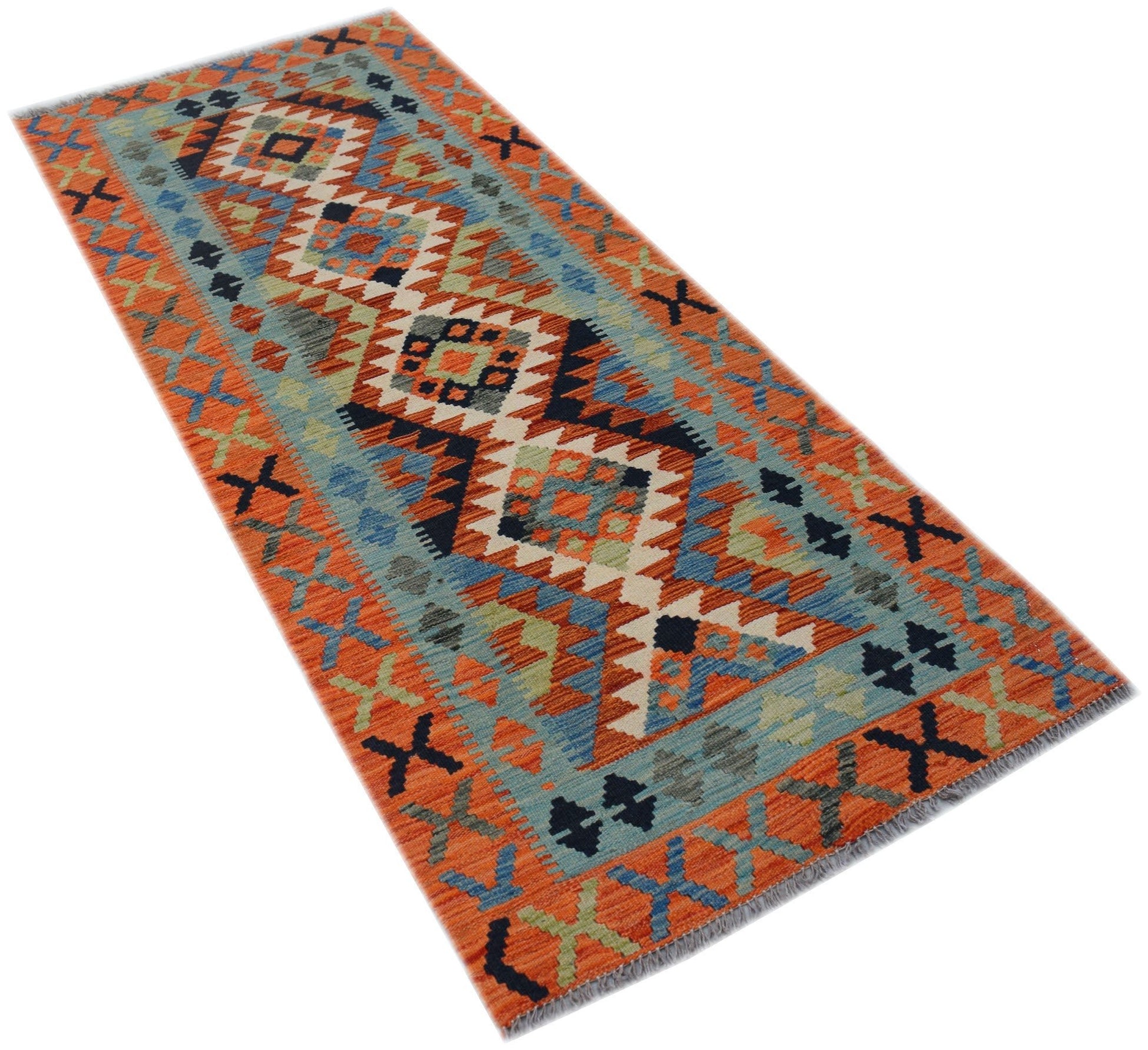 An Afghan Maimana Kilim runner featuring a vibrant geometric pattern in orange, blue, and cream.