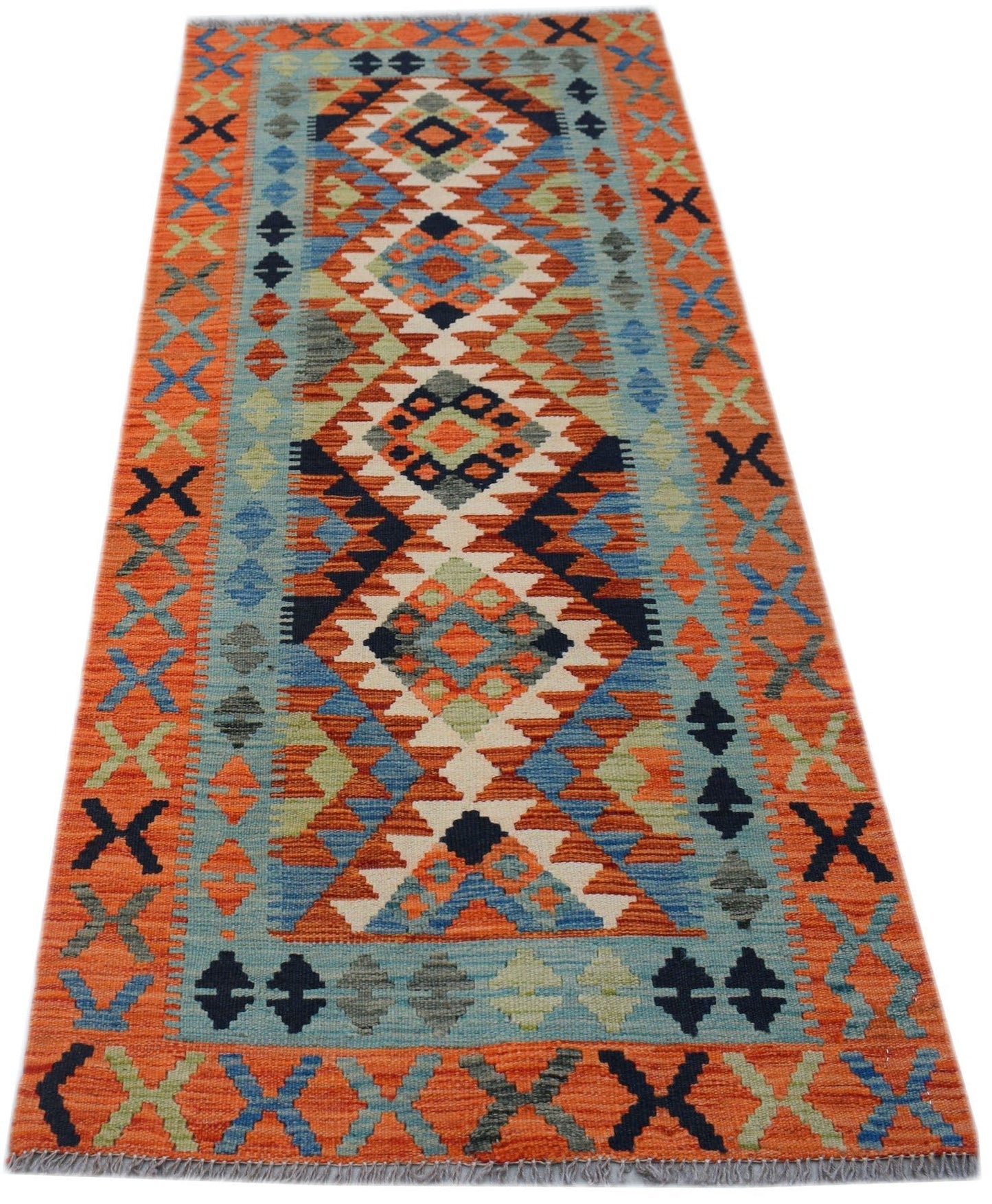 Handwoven Afghan Maimana wool runner featuring a geometric pattern in orange, blue, and grey.