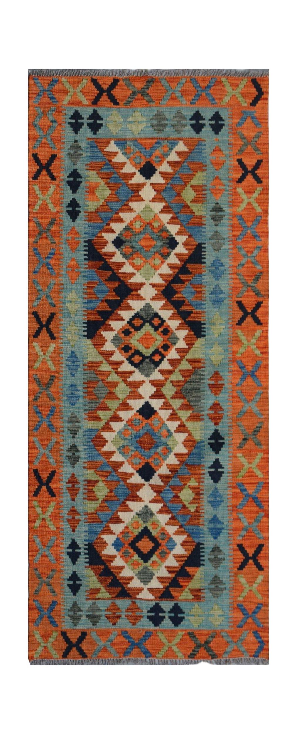 Handwoven Afghan Maimana wool runner featuring a geometric diamond pattern in vibrant colors.