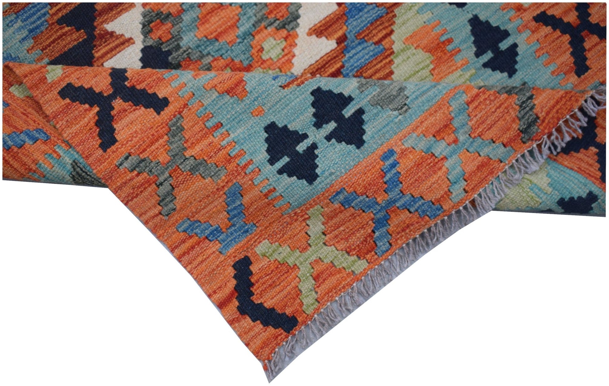 Handwoven Afghan Maimana wool runner featuring a geometric pattern in orange, blue, and green.