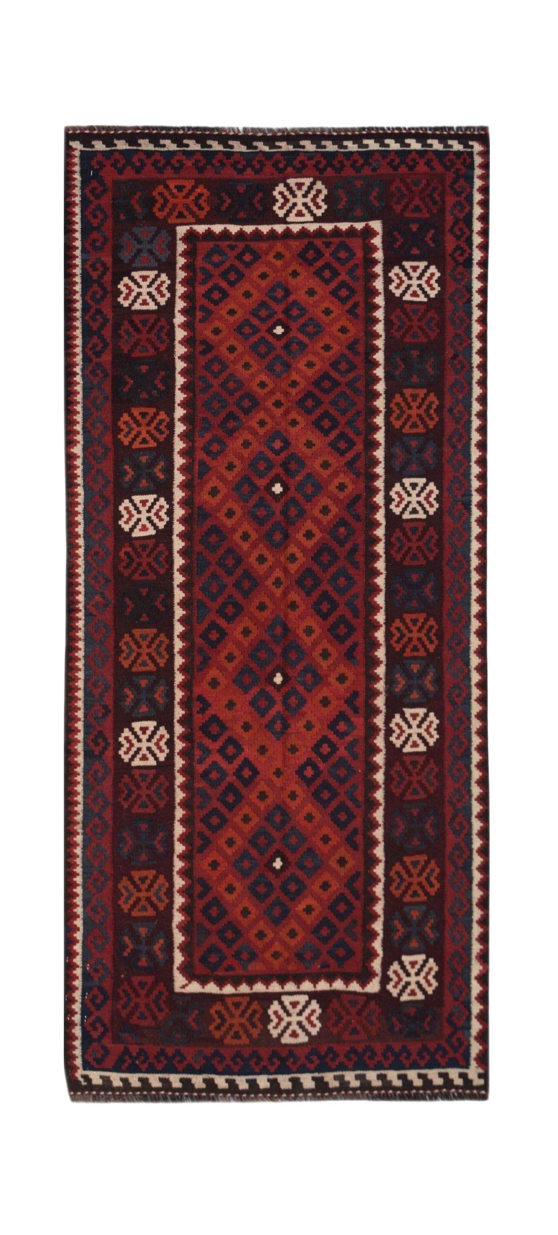 Handwoven Afghan Maimana wool runner rug featuring a geometric pattern in red and dark blue.