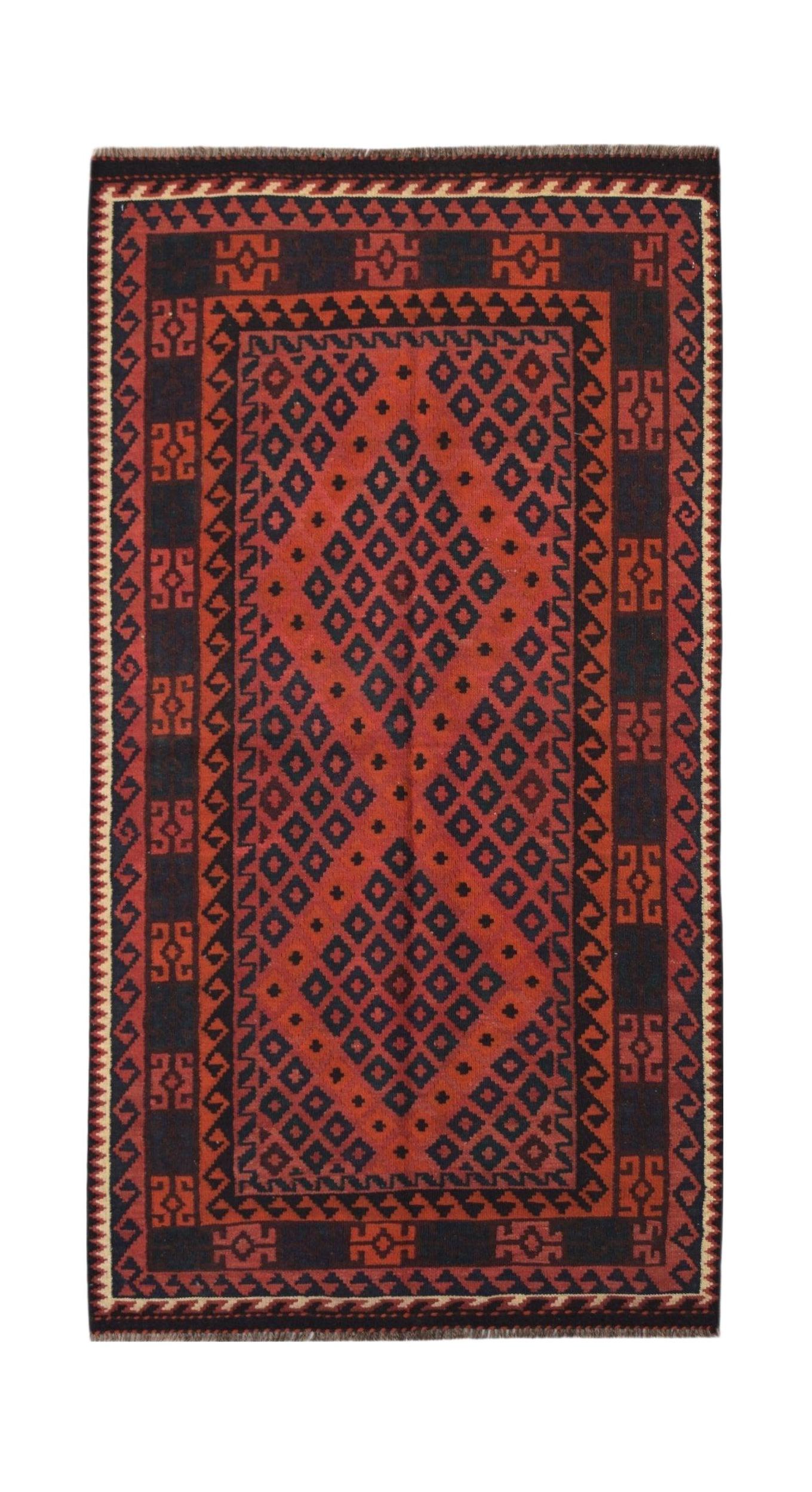 Handwoven Afghan Maimana kilim runner featuring a geometric diamond pattern in red and black.