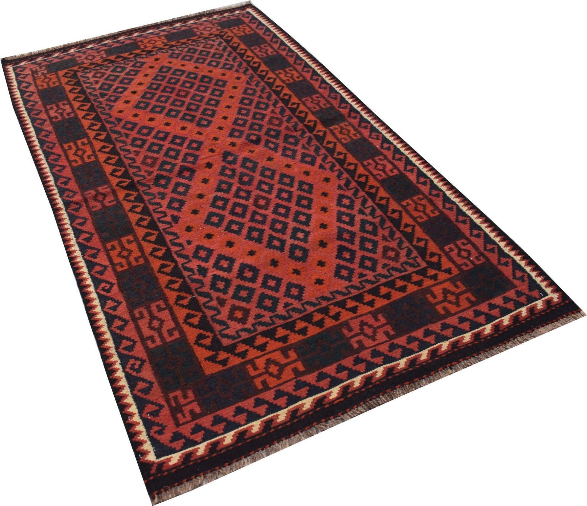 Handwoven Afghan Maimana wool runner rug featuring a geometric pattern in red and black.