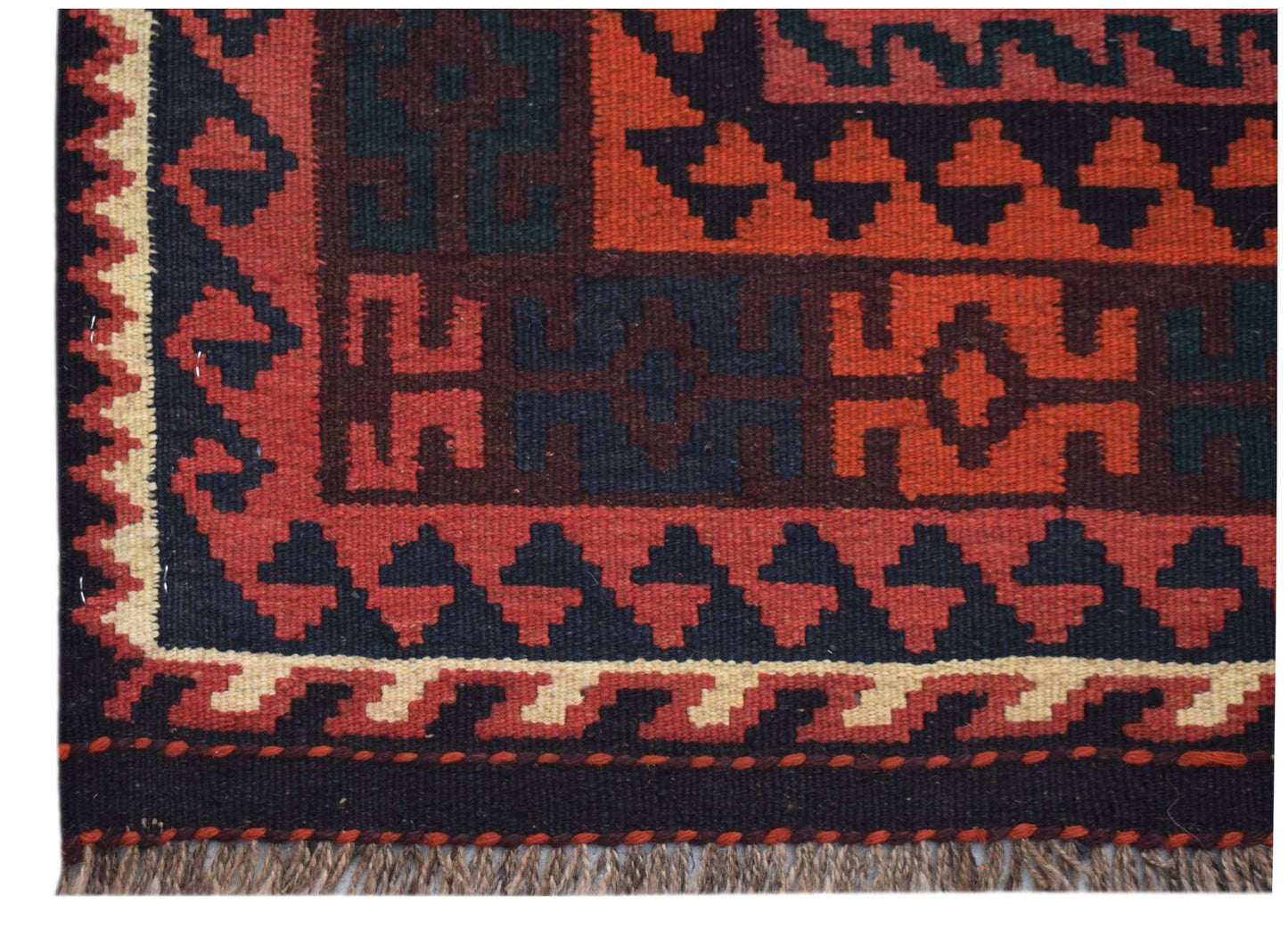 A handmade Afghan Maimana kilim runner featuring geometric patterns in red, black, and cream wool.