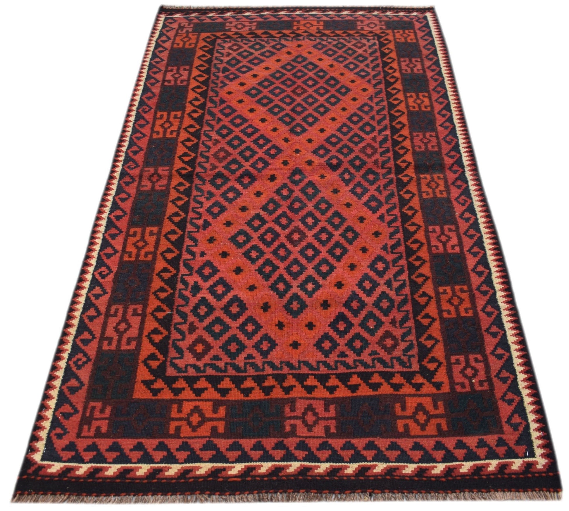 Handwoven Afghan Maimana kilim runner featuring a geometric diamond pattern in red and black wool.