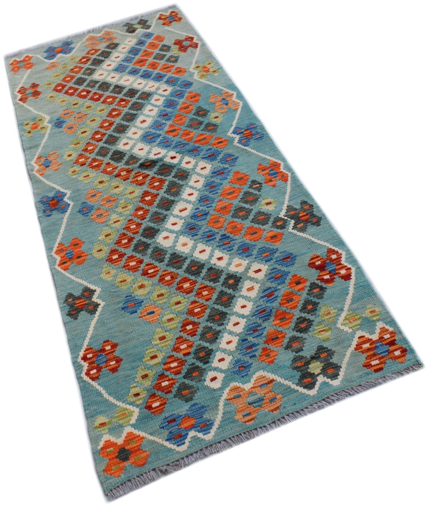 Handwoven Afghan Maimana wool runner rug featuring a geometric pattern in blue and orange tones.