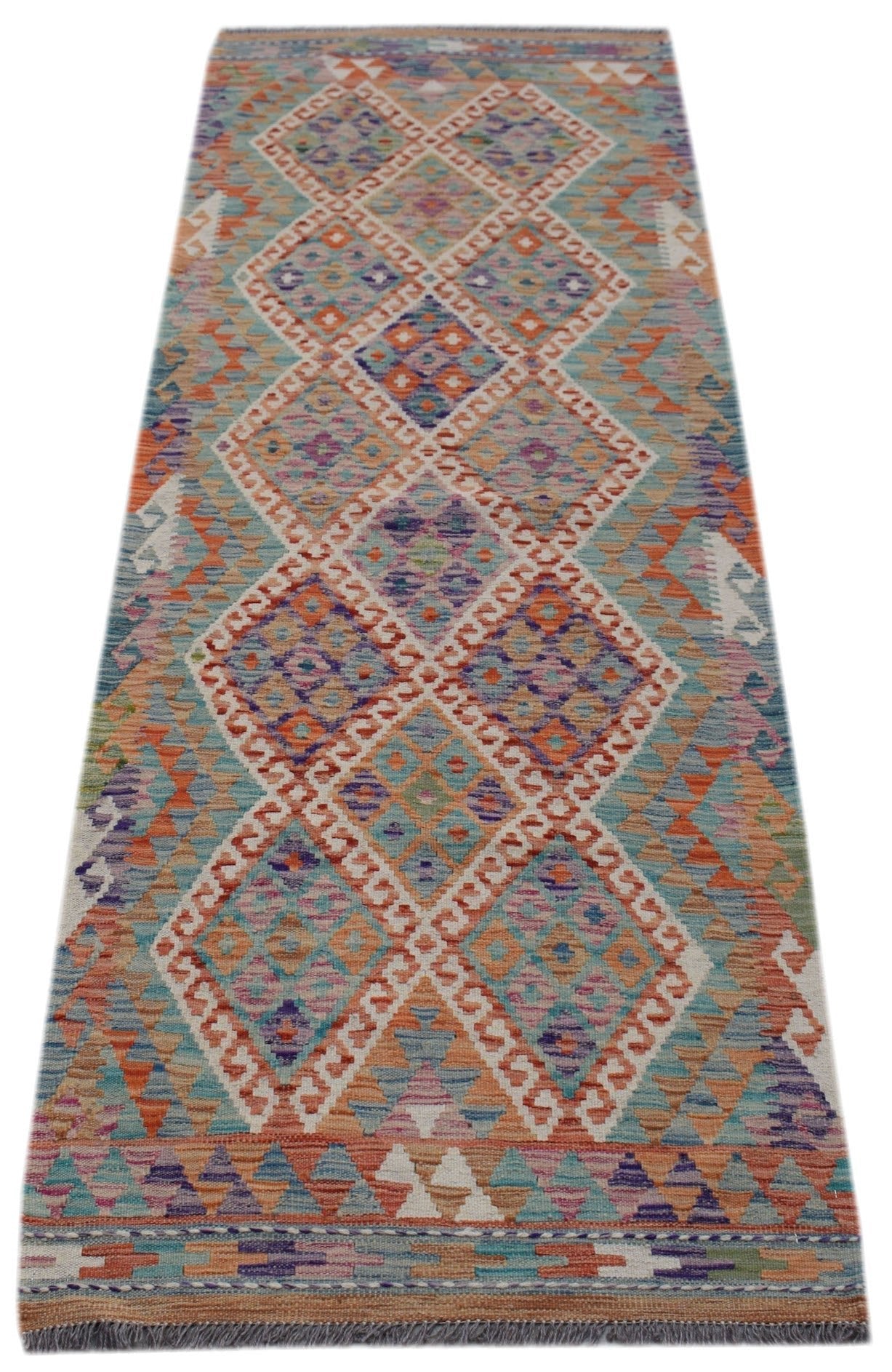 Handwoven Afghan Maimana wool runner featuring a colorful geometric diamond pattern.